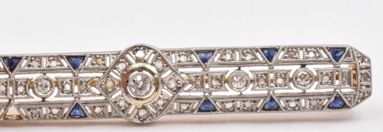 Antique 18ct Platinum Top Mined Diamond & Sapphire Art Deco Bar Pin circa 1920