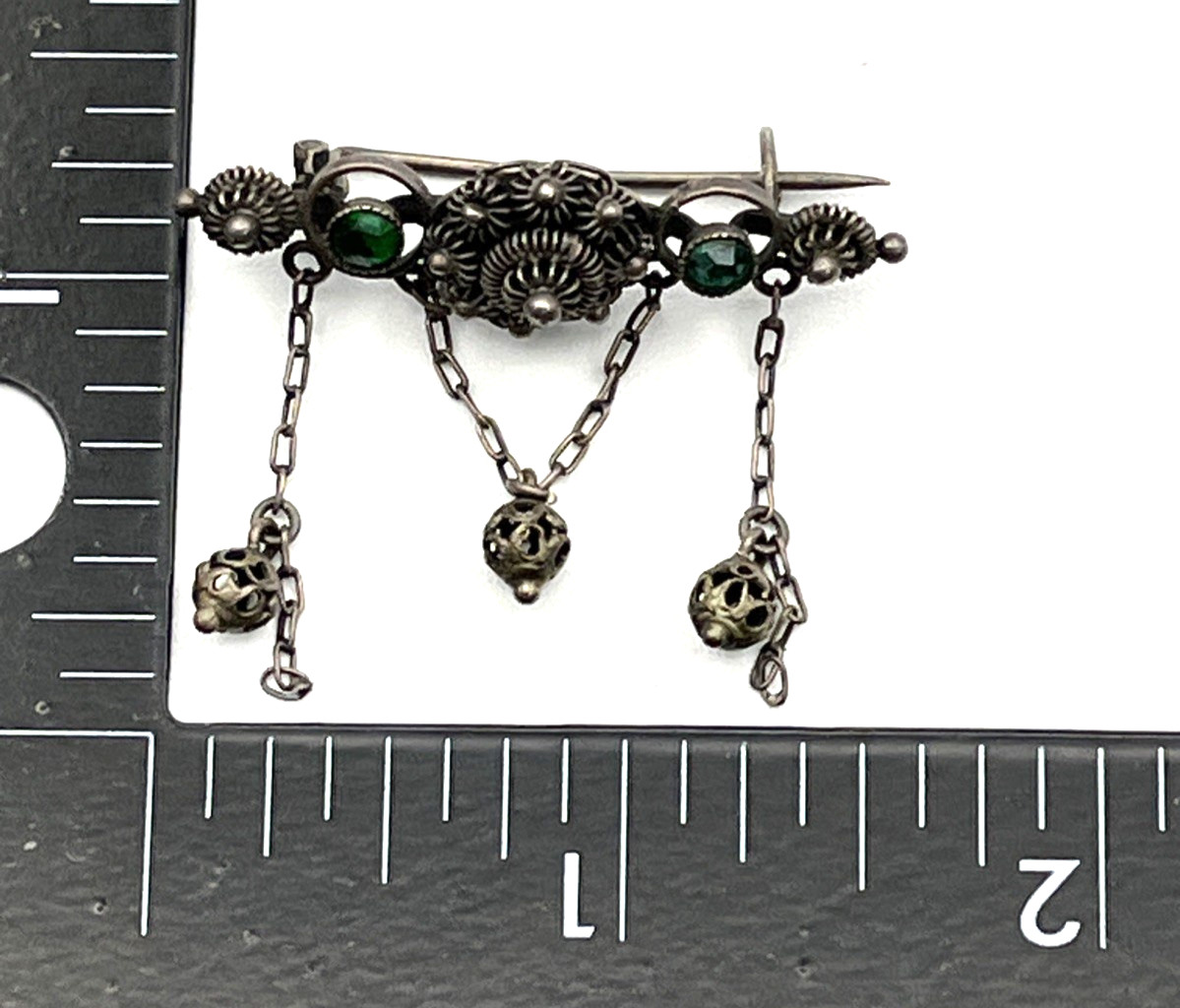 Antique 800 Silver Green Paste Cannetille Dangle Bar Pin 1.5″