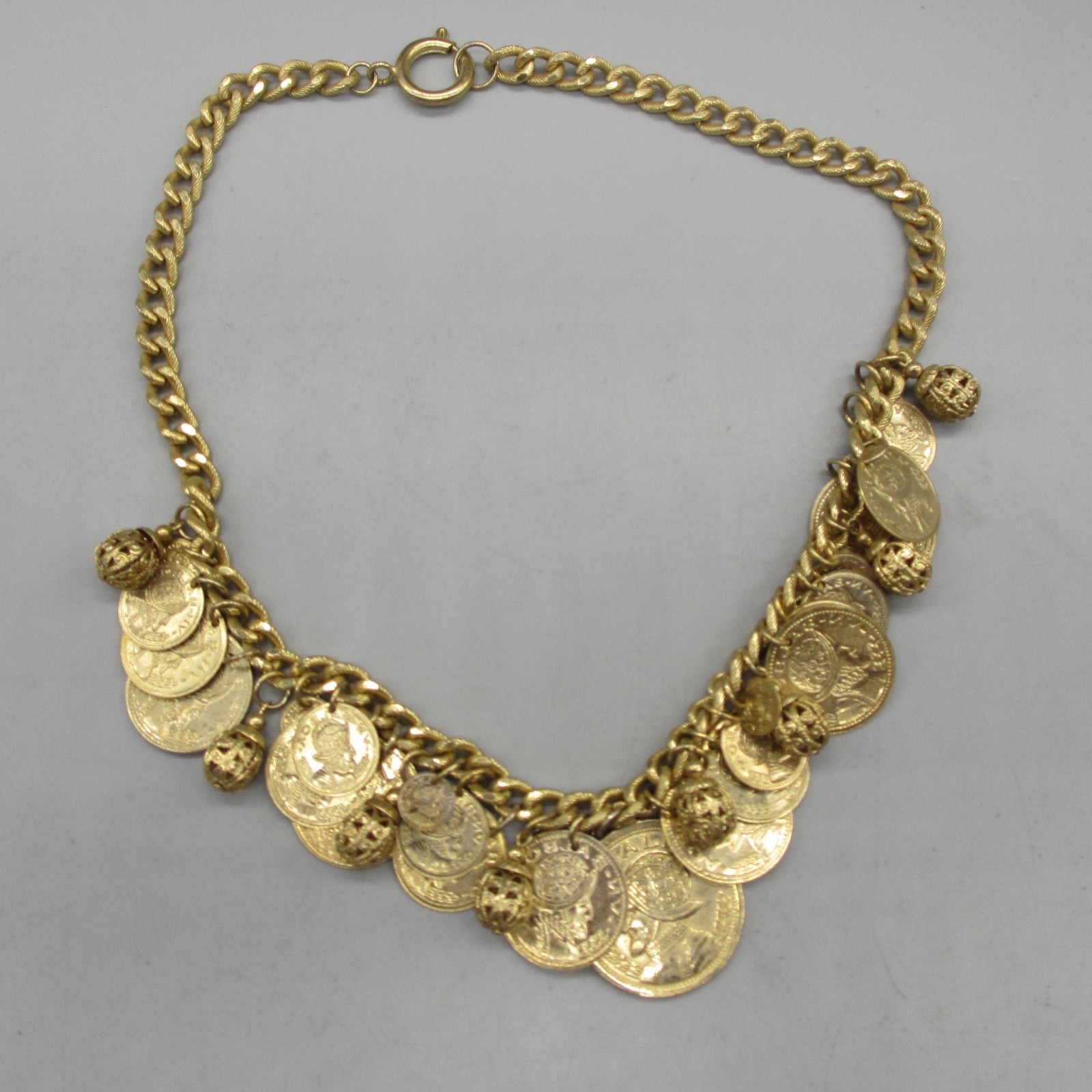Vintage Faux Coin Necklace Charm Dangle Roman Soldier Gold Tone 18 Inch