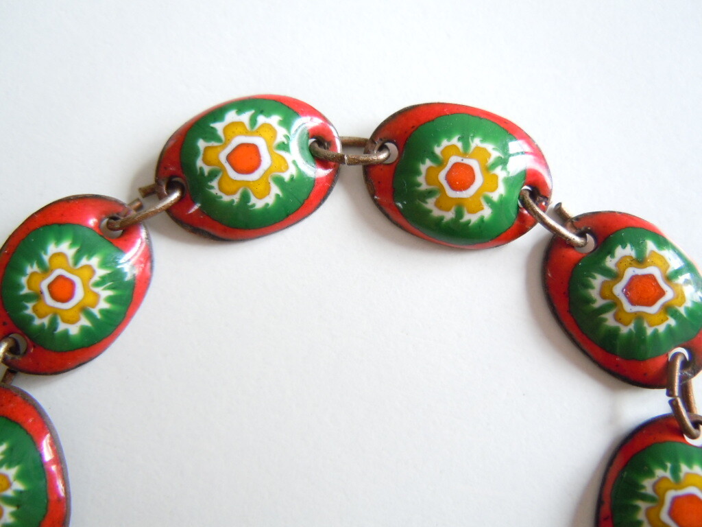 Vintage Bracelet Copper & Enamel Flower Designs 21.4 G / 19 Cm / B: 1.3 Cm