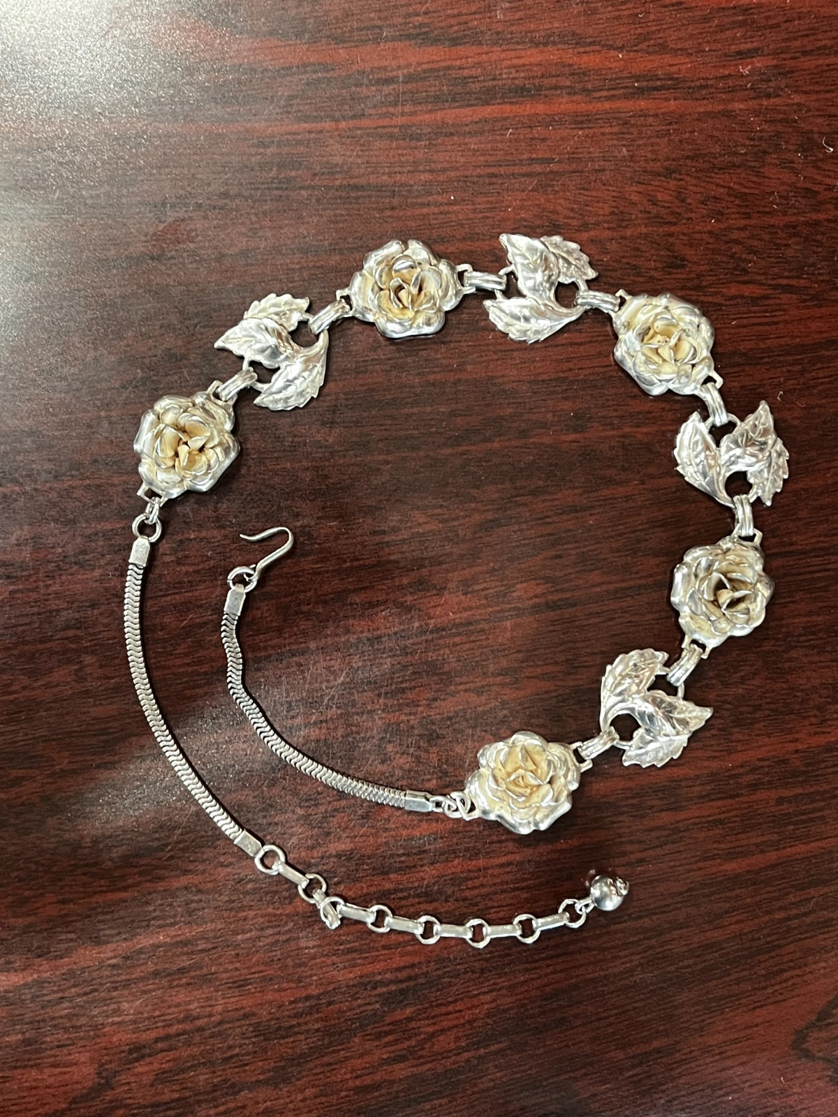 Vtg. Danecraft Sterling Silver Rose & Leaves Necklace 15″-17″ 35.2 Grams