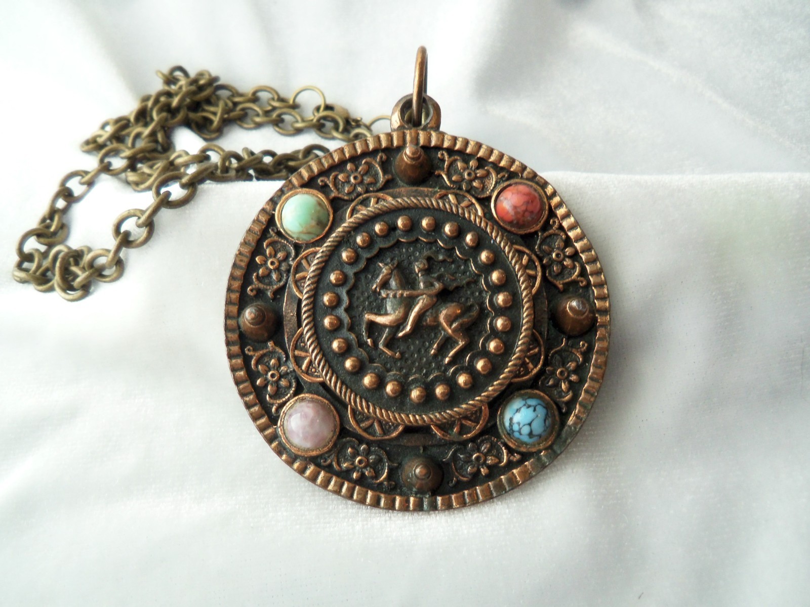 Vintage Copper Brass Faux Gemstone Knight Crest Shield Brooch Pendant Necklace