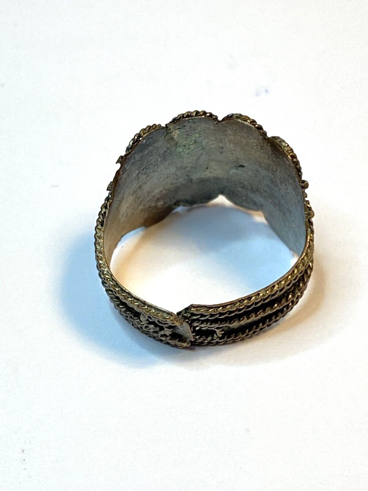 Unique Vintage Ring, Orange/Red Stones, Silver Tone, Aged Patina Size 6 Adjust.