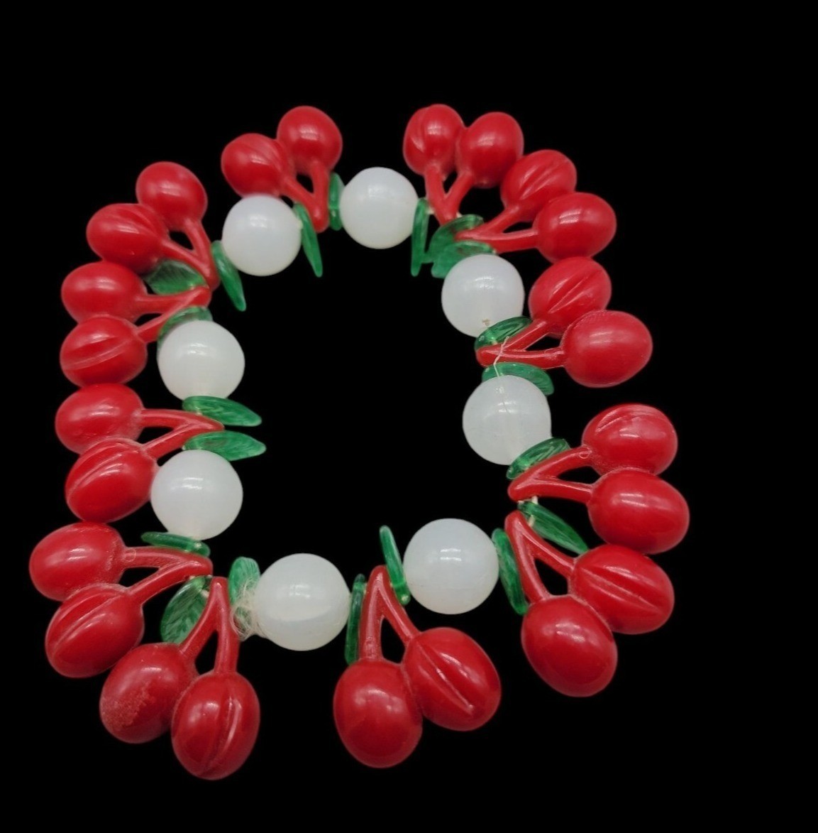 Lucite Cherry 34″ Necklace & 7″ Stretch Bracelet Red Cherries Translucent Beads