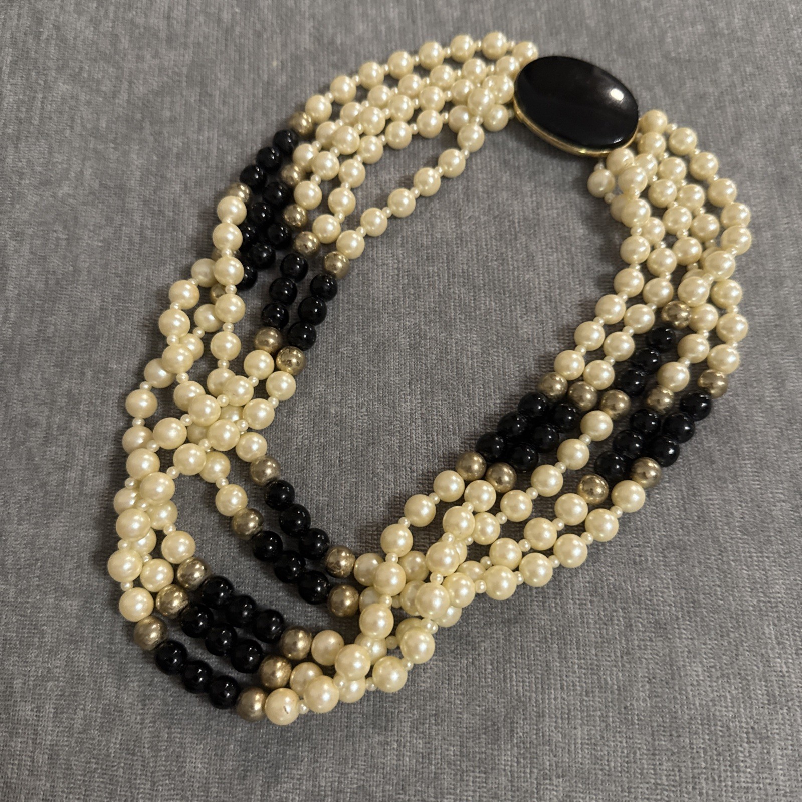 VTY Gay Boyer Faux Pearl Onyx Multi Strand Beaded Bib Statement Necklace Classic