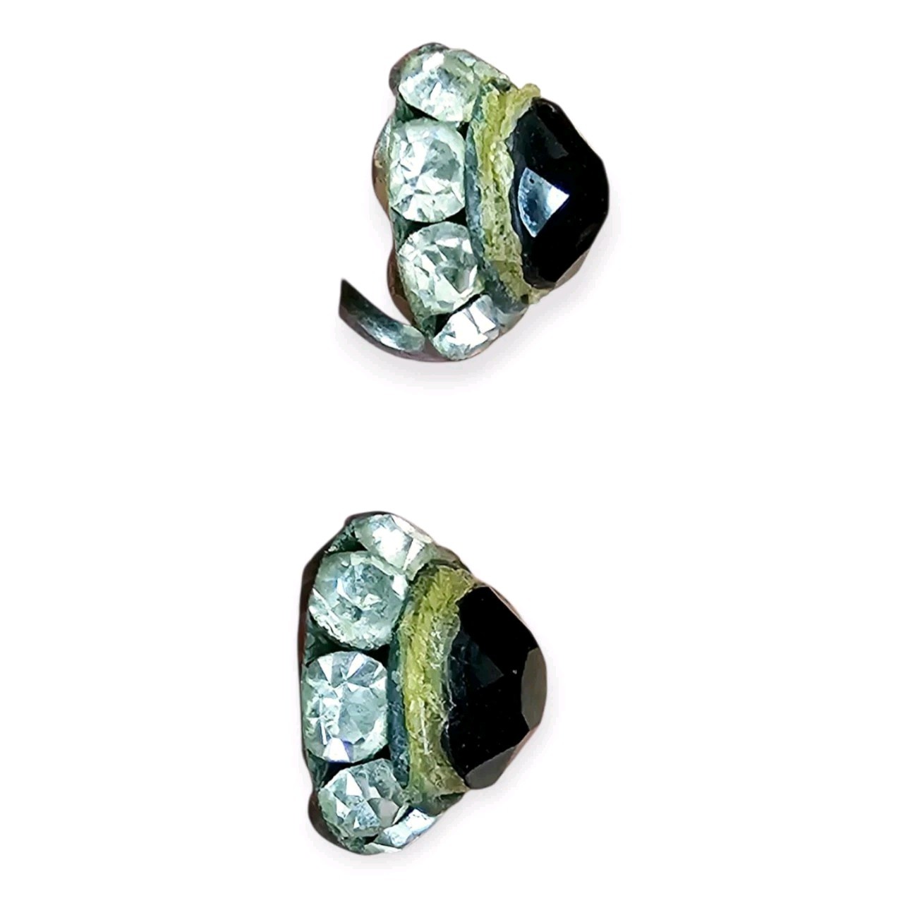 Vintage Clear Rhinestone Black Faceted Stone Screw Back Stud EARRINGS Silvertone