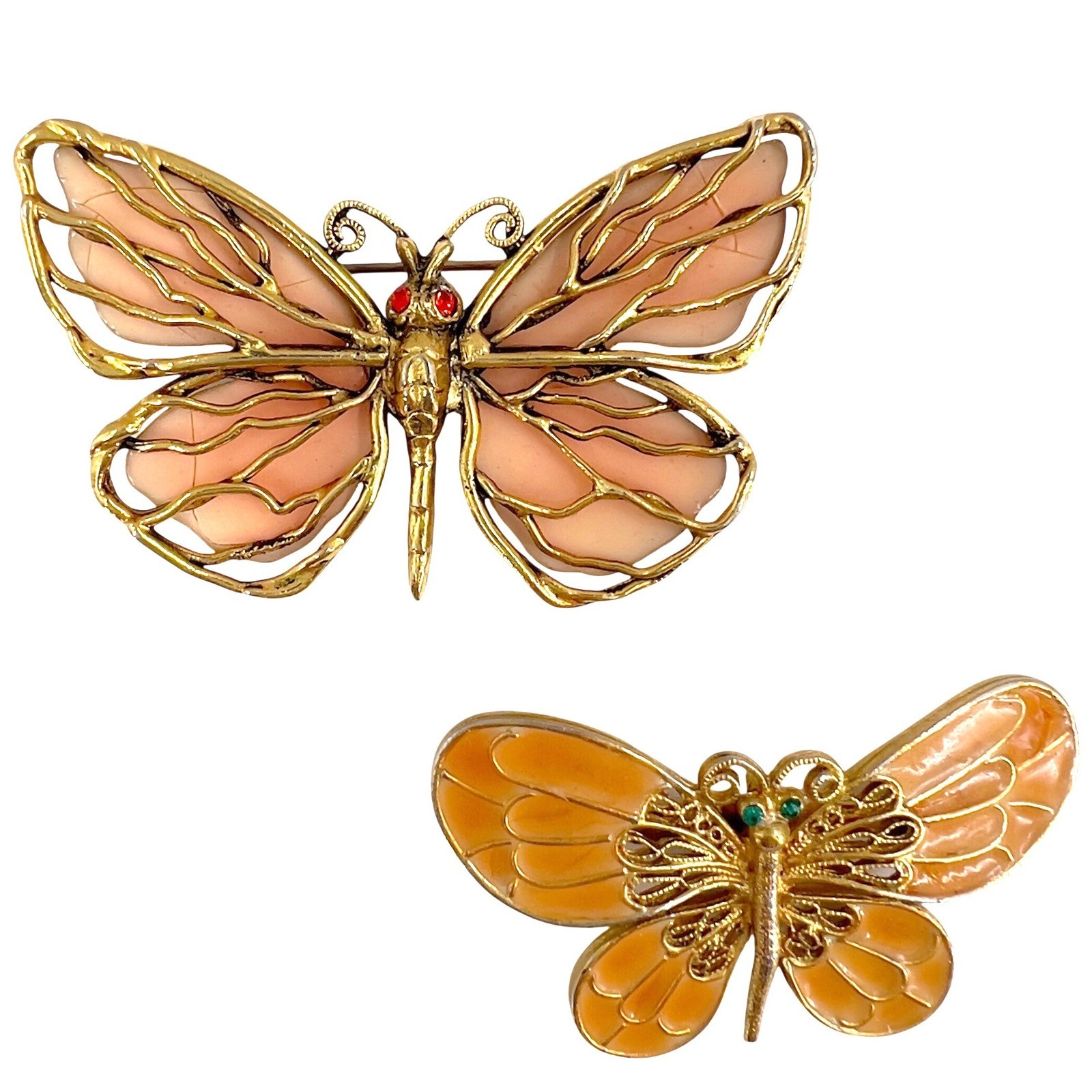 Vintage Butterfly Brooch Set Gold Tone Peach Pink Enamel Rhinestone 2pc