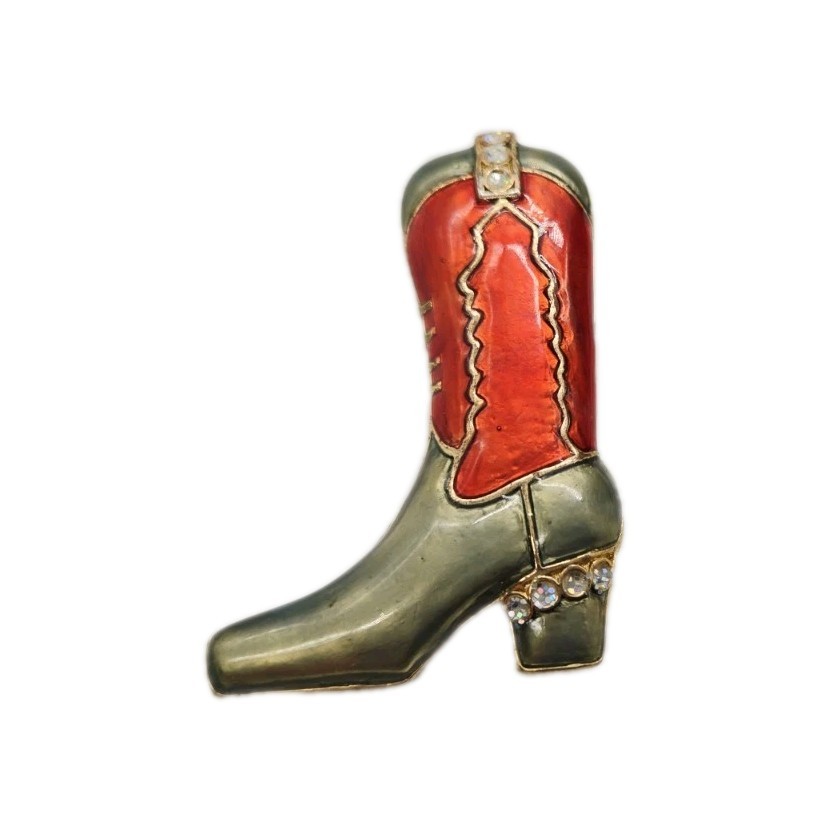 Western Boot Brooch Cowgirl Cowboy Rodeo Pin Enamel Red Grey Gold Tone 1.75 in