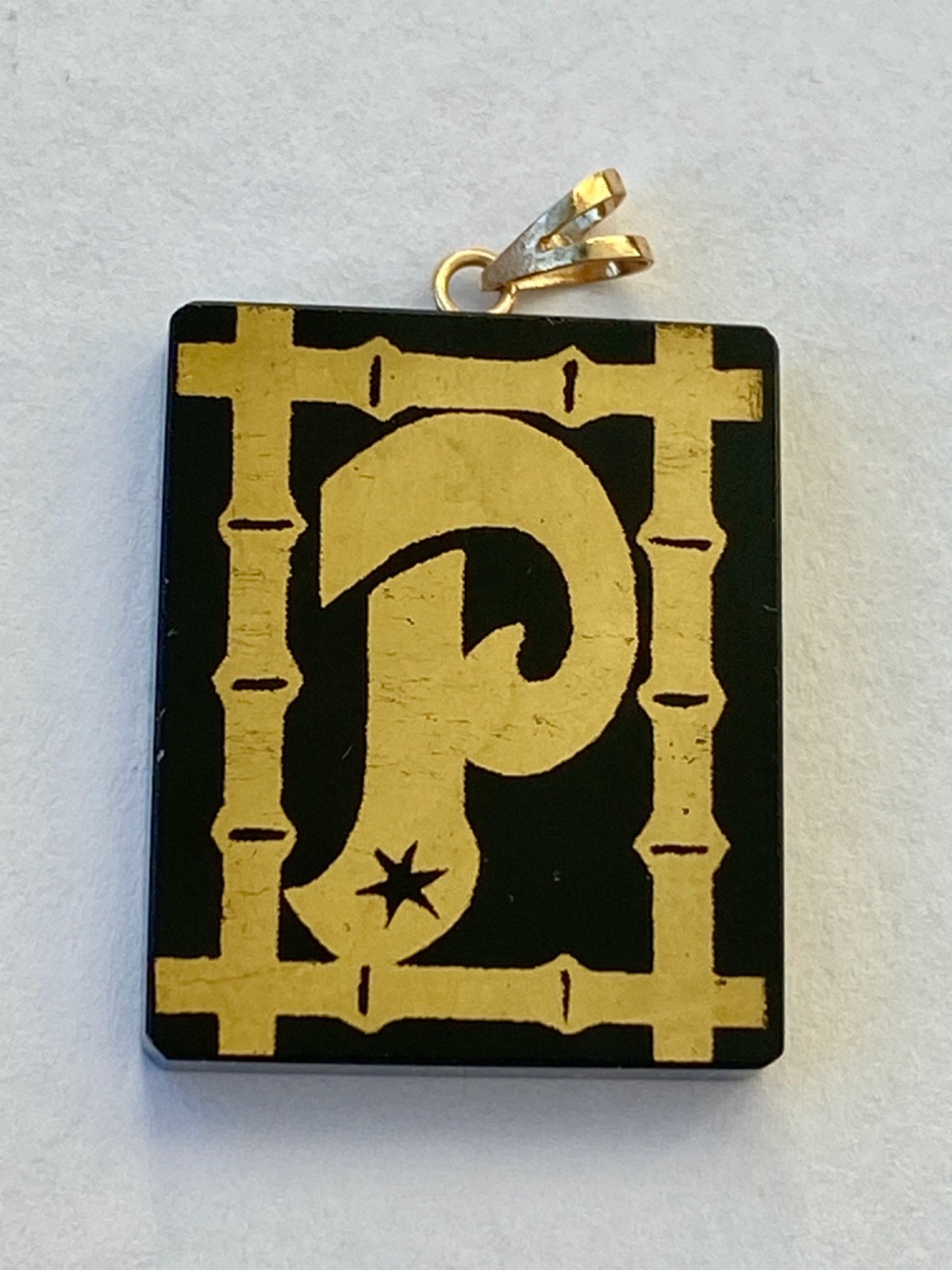 Vintage NOS 14k gold bale Initial letter P Bamboo black glass onyx Pendant Asian