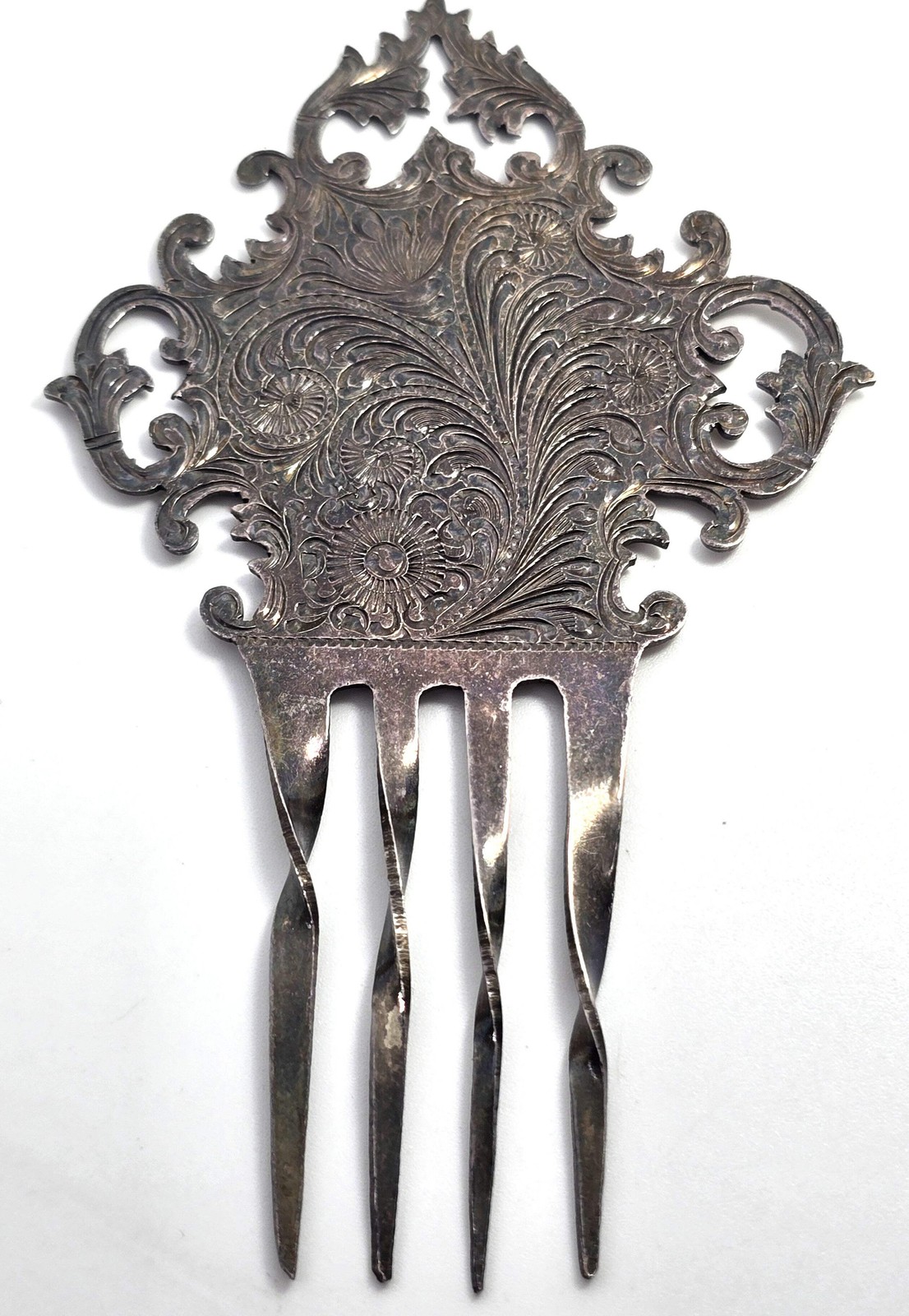 Victorian silver plated ornate etched antique hair comb floral hair jewelry