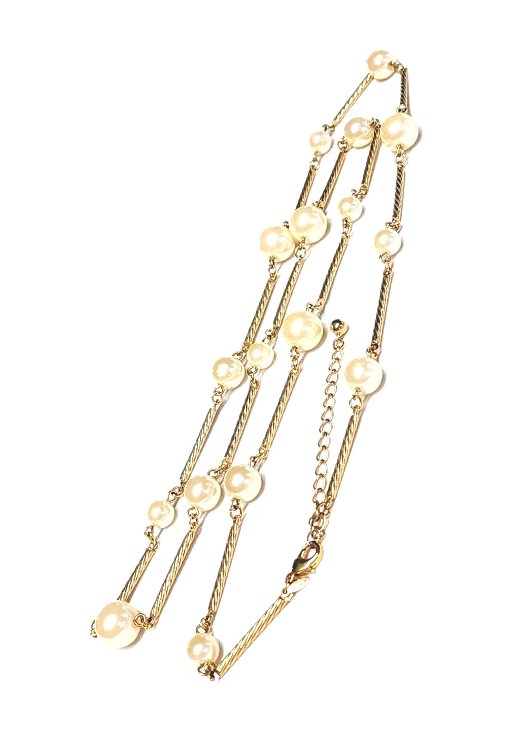 VTG AVON SH Gold Tone Twisted Bar Link & Cream White Faux Pearl Station Necklace