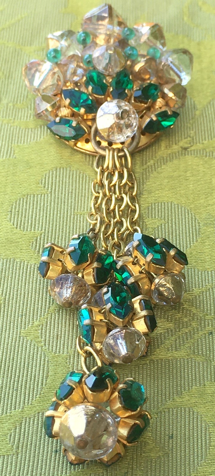 FRENCH STUNNING 1920s BROOCH & DANGLING CHARMS~FOIL BACK CZECH GLASS RHINESTONES