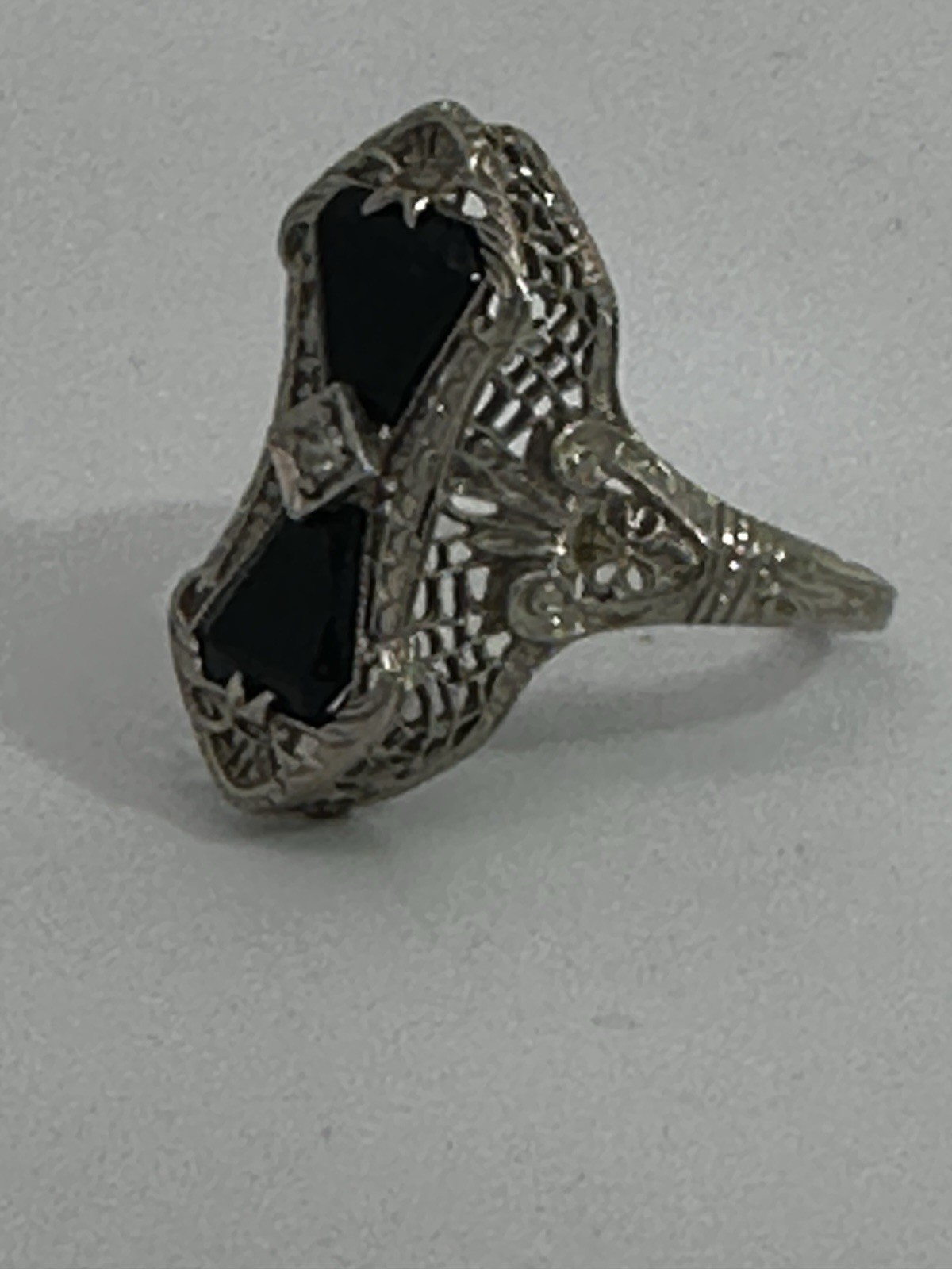 Vintage 14k White Gold Estate Onyx Diamond Ring Filigree Art Deco