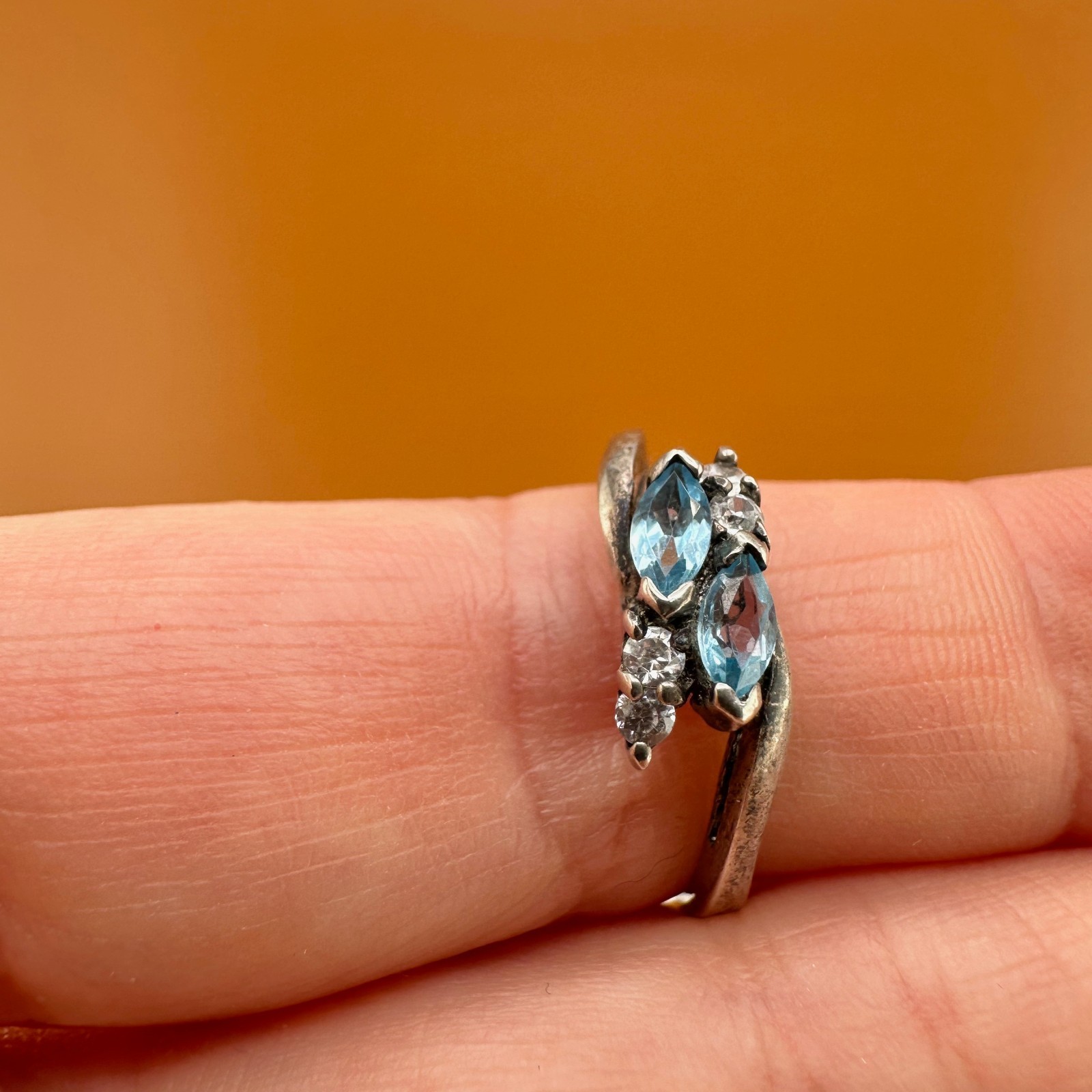 Vintage Sterling Silver Blue Topaz Ring Marquise Cut Dainty Size 6.75 Signed