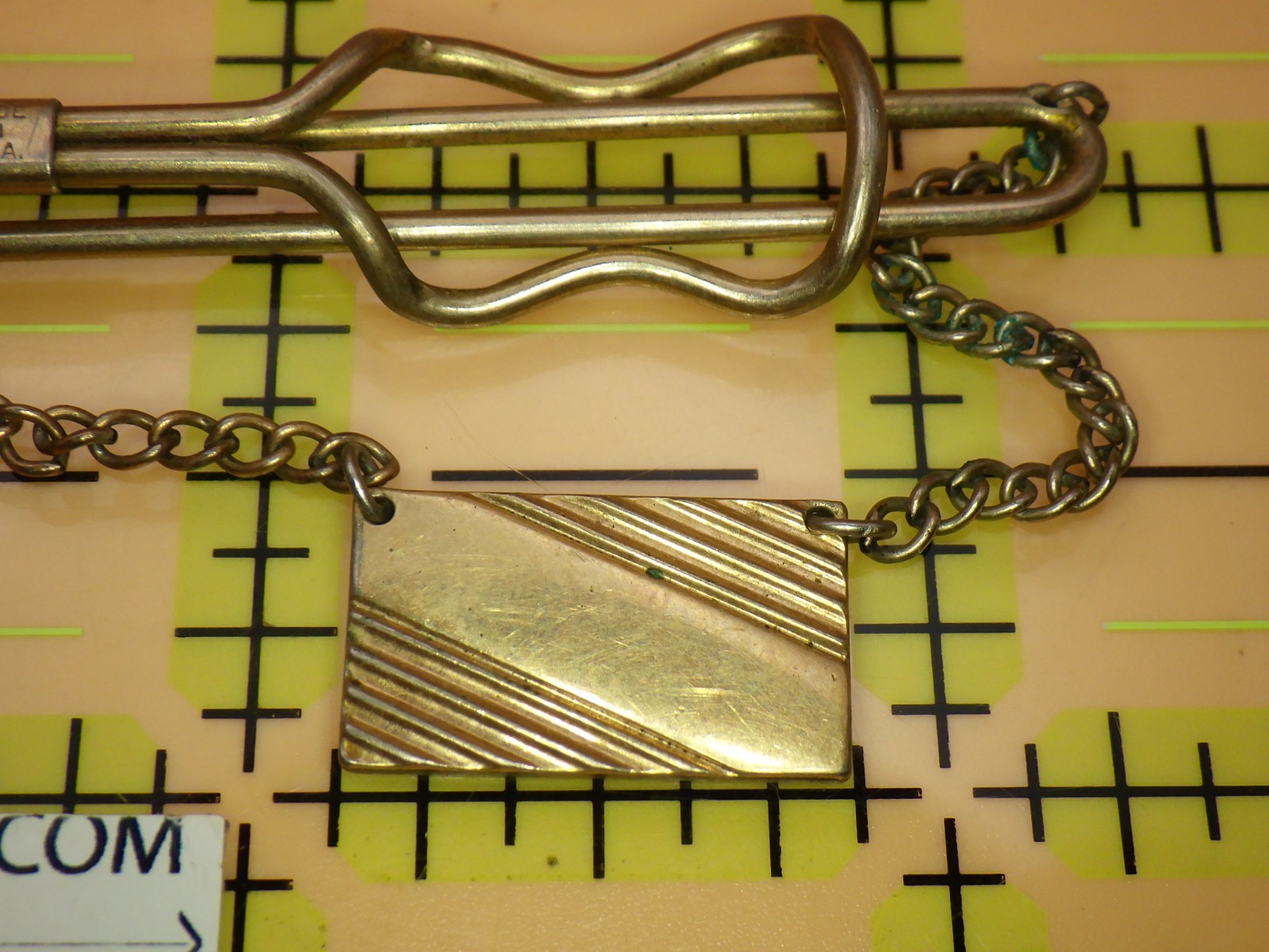 Vintage Hadley Tie Bar with Chain and Deco Striped Fob Gold Tone Mid Century USA