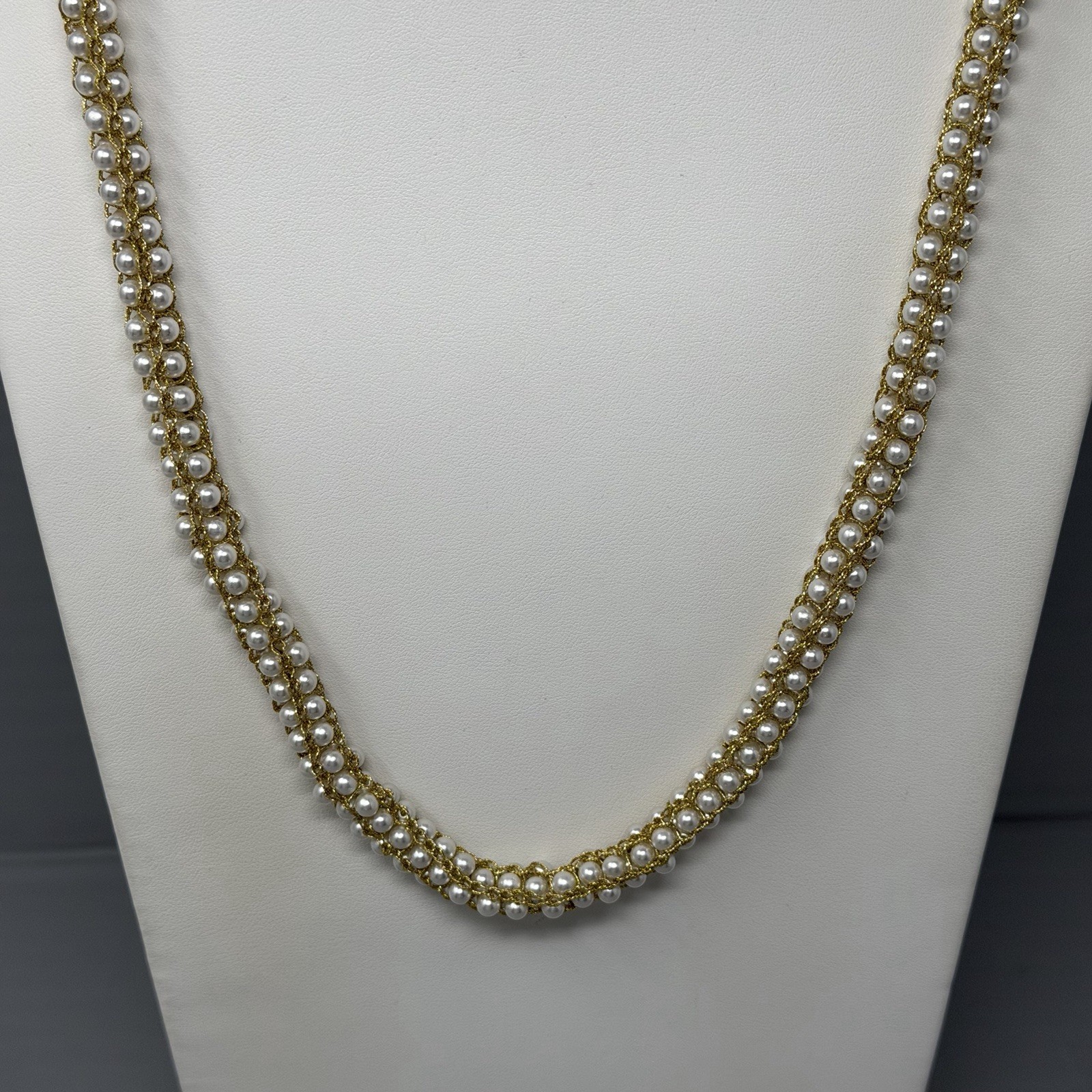 Mini Faux Pearl Necklace Gold Tone Woven Tension Layers Twist Stretchy Handmade