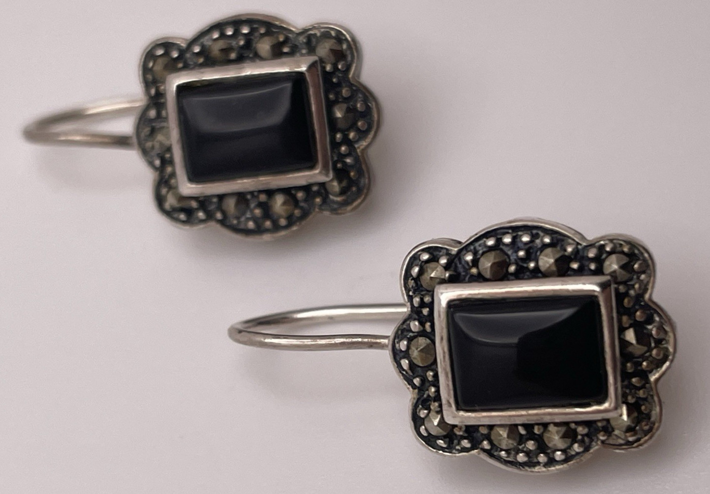 Vintage Sterling Silver 925 Onyx Marcasite Hook Earrings Dee Berkley DBJ 7/8”