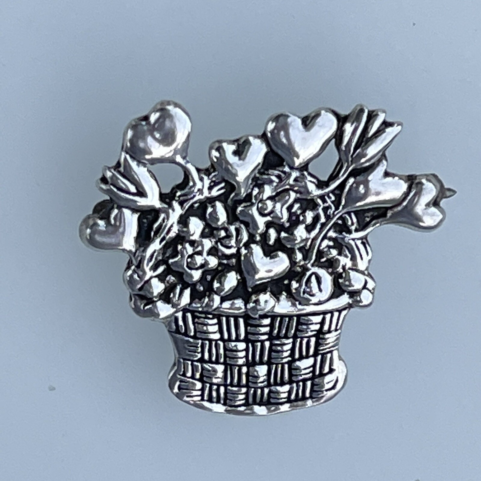 Mary Engelbreit Hearts Flowers Basket Brooch Signed ME 925 Sterling Silver Mex