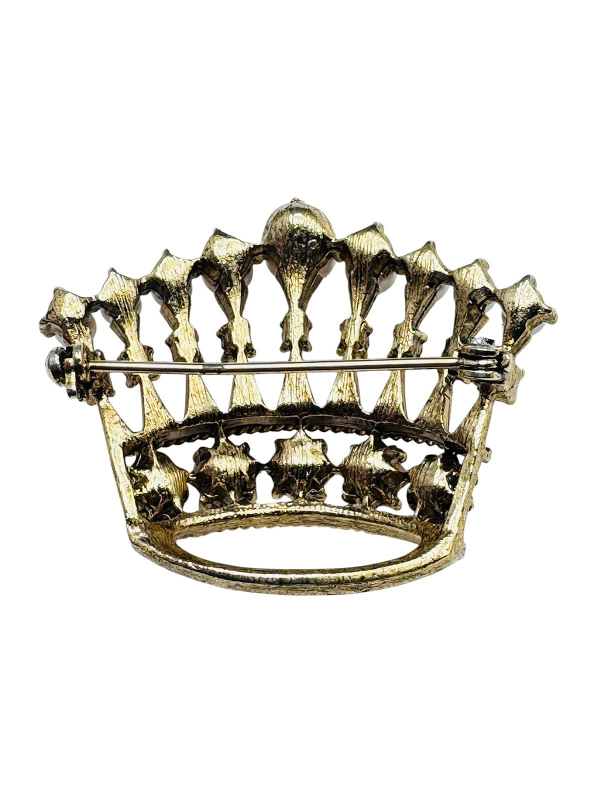 Vintage Rhinestone Pearl Crown Brooch Colored Glass Stones Gold Tone Nice