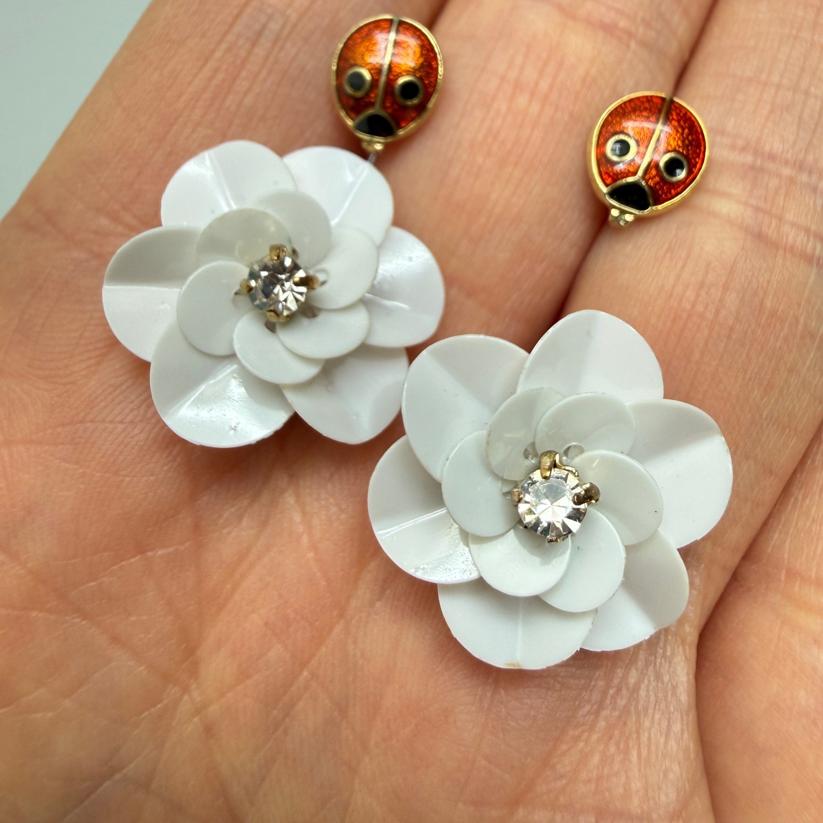Vintage Brooch Earring Lot Lime Green Enamel Gold Tone Flower Ladybug Enamel