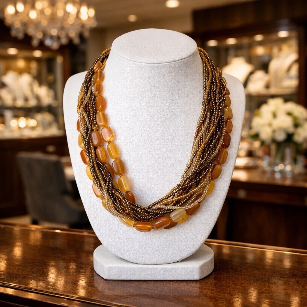 Vtg Shades Of Amber Lucite Choker Necklace – 15-18” -Seed & Lozenge Shaped Besds