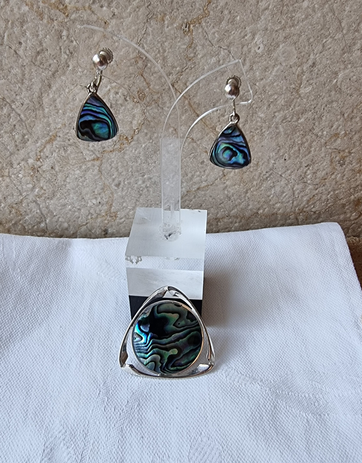 Vintage NZ Ataahua Bee Mark Paua Shell St Silver Brooch & Earrings Set Boxed