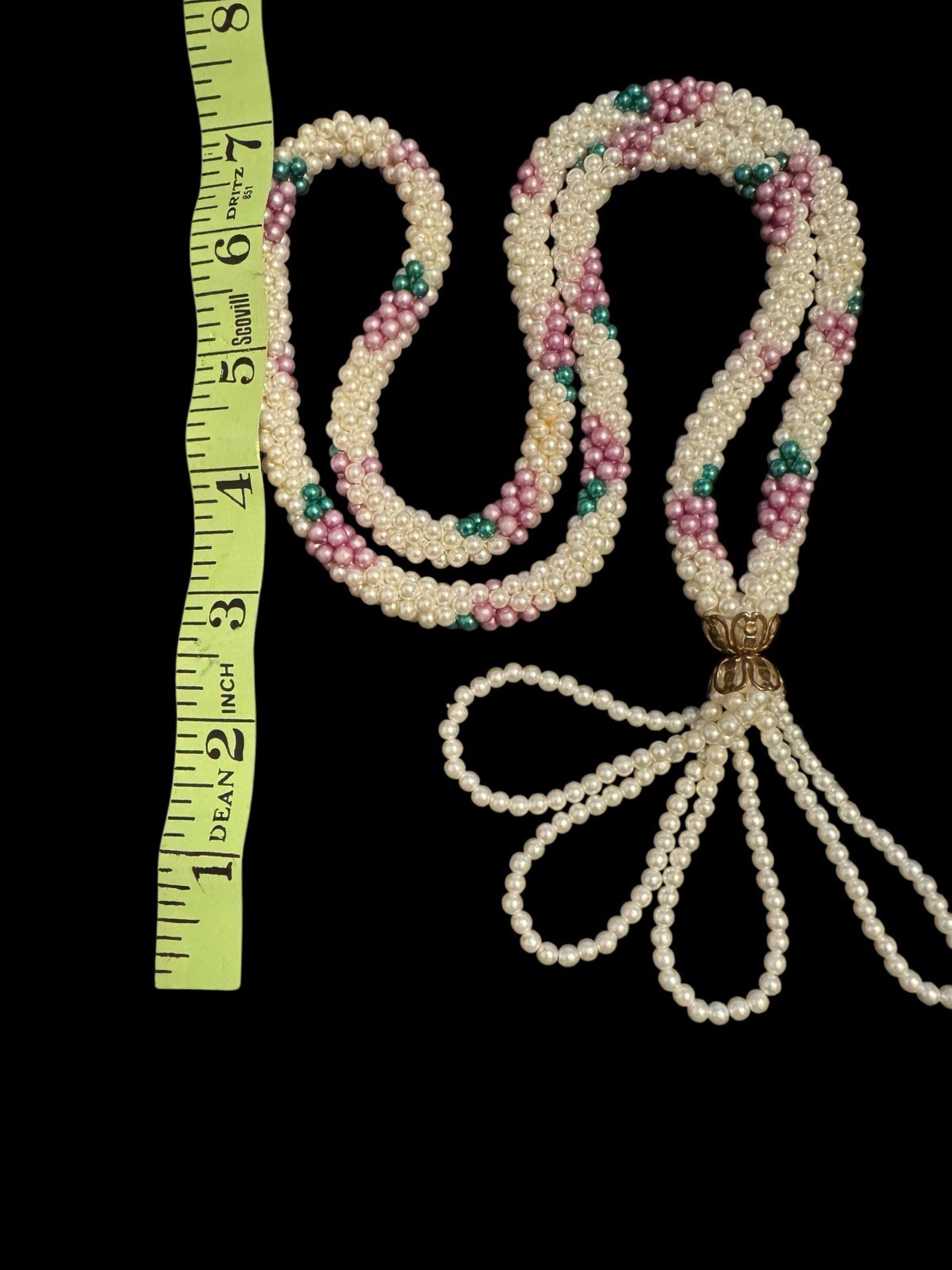 1960s Woven Faux Pearl Bead Flapper 32″ Necklace W Tassel Purple Green White BN1