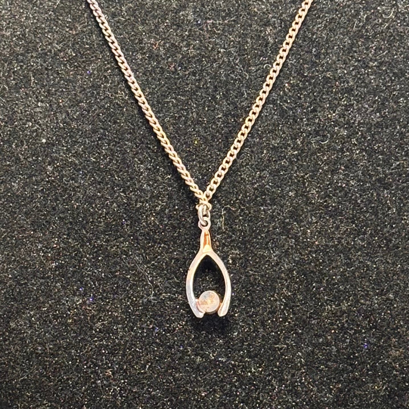 NECKLACE vintage wishbone clear faceted gem goldtone metal curb chain dainty 16″