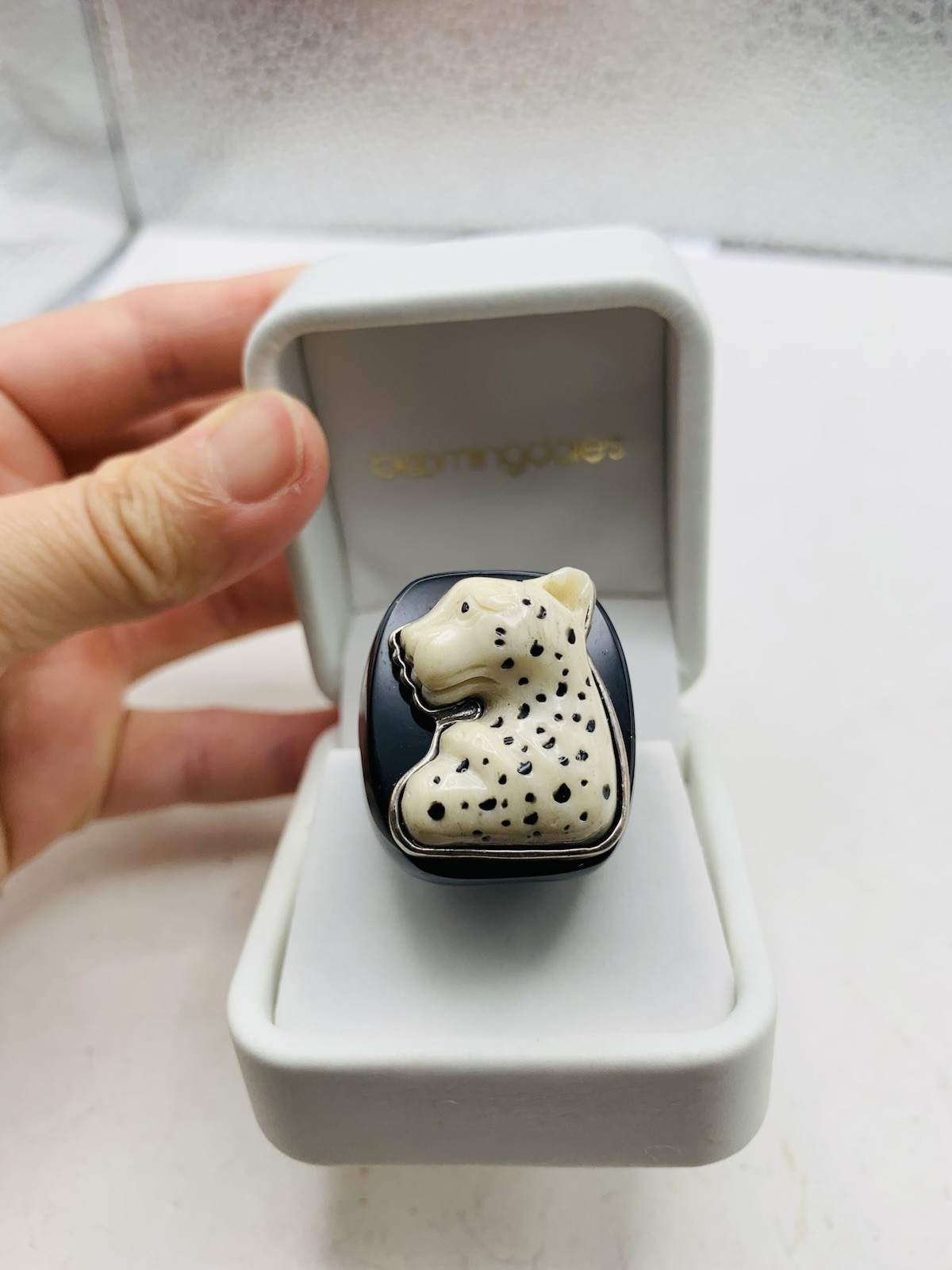 Vintage Unsigned Amy Kahn Russel Sterling Celluloid Leopard Big Cat Sz 9.5 Ring