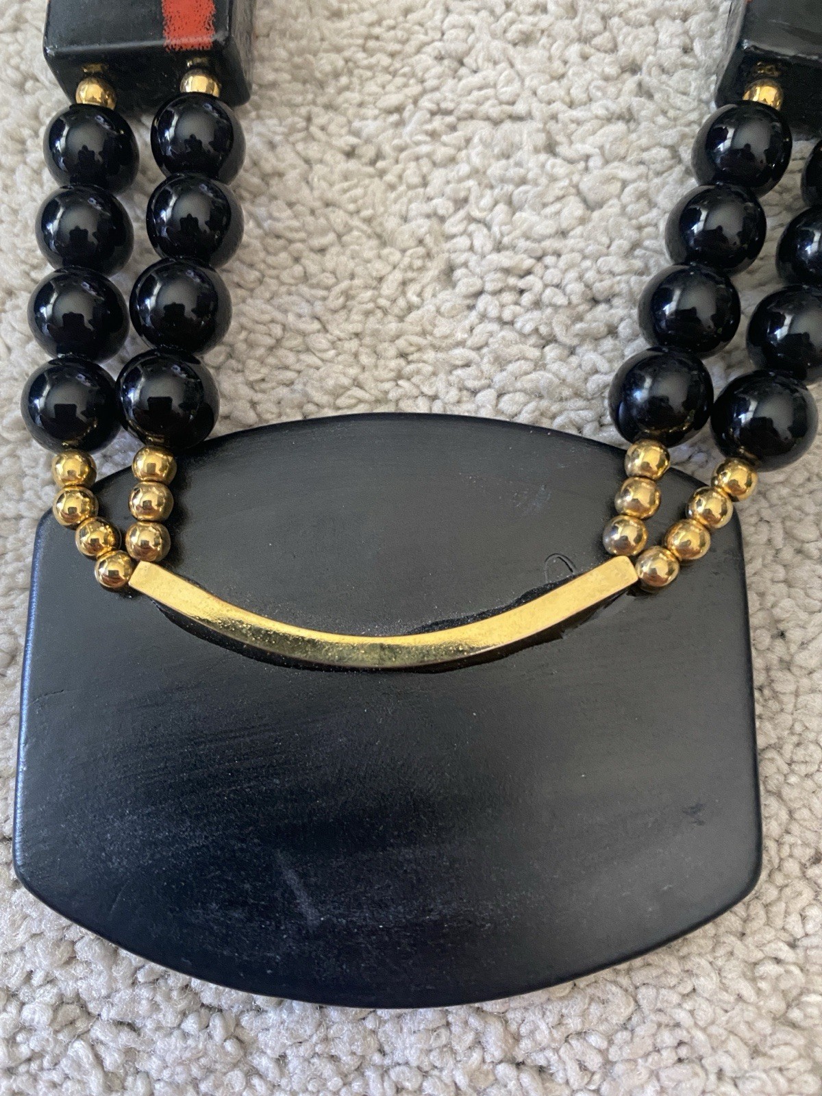 VTG Japan Beaded Statement Necklace Red Black Ceramic Pendant