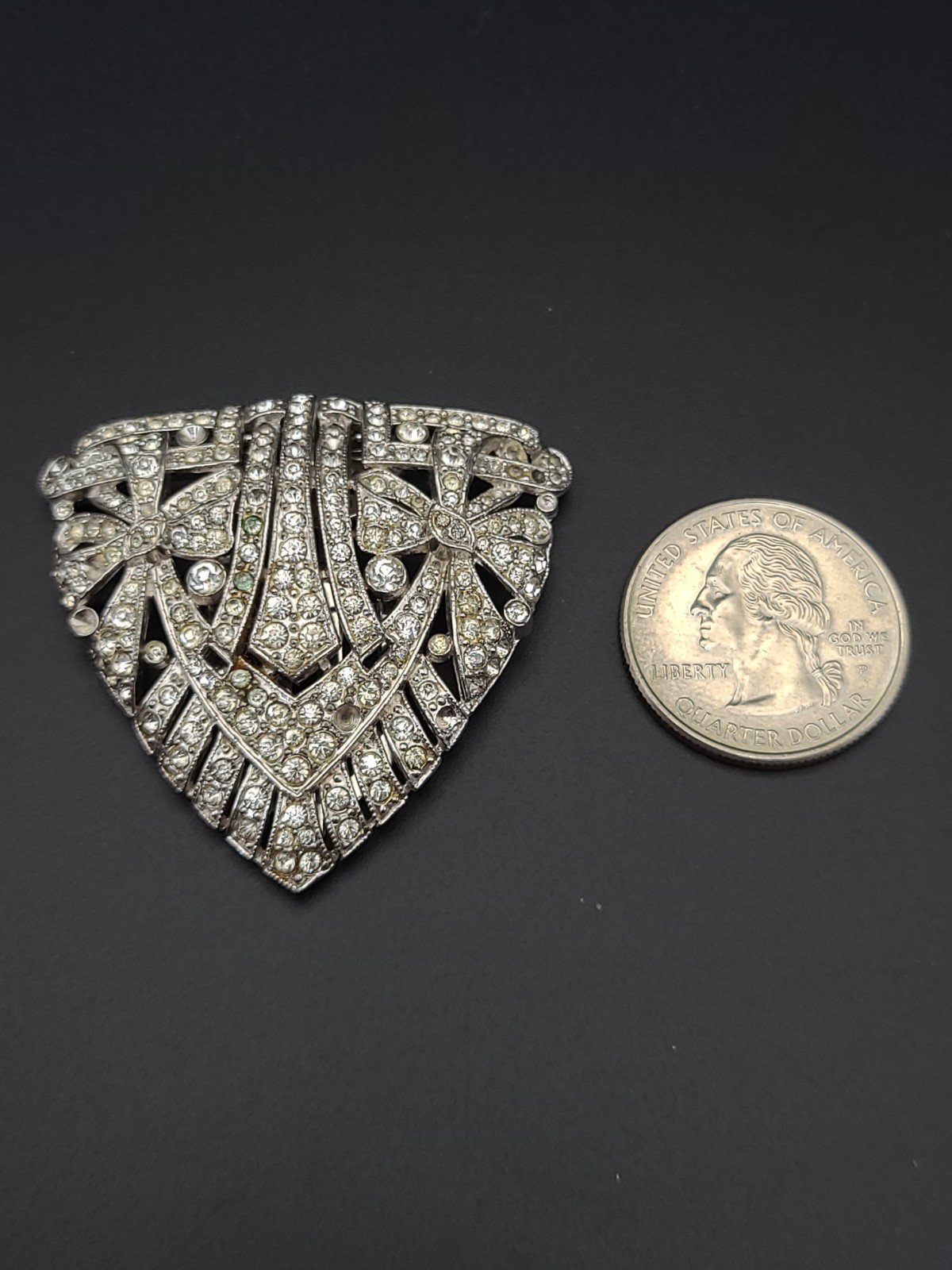 Vintage Signed Crown Trifari Art Deco Rhinestone Dress Clip Brooch