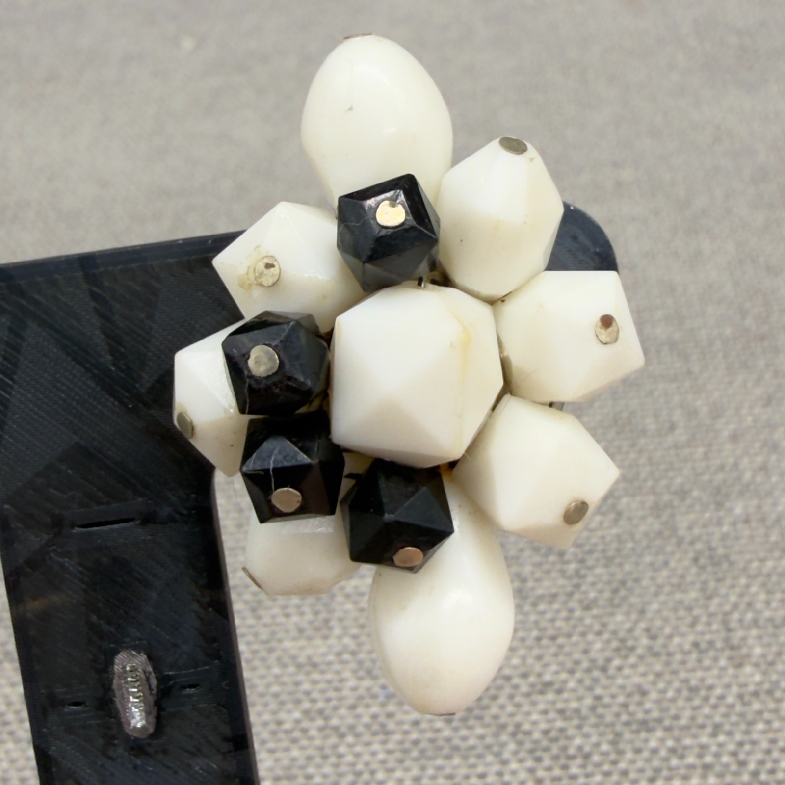 Vintage Acrylic Earrings Western Germany Black Cream Cluster Clip Ons
