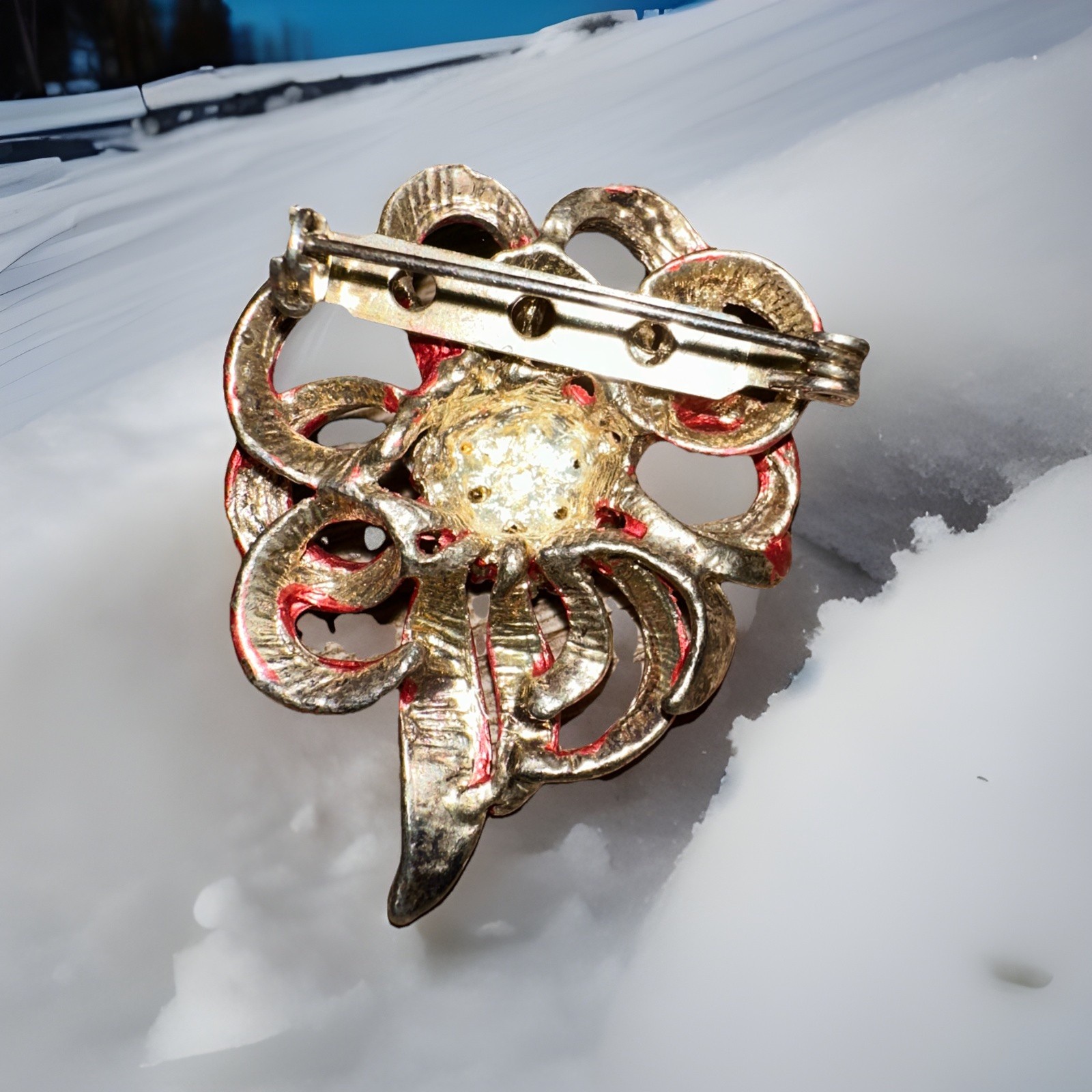 Vintage Brooch Red Ribbons Bow with Yellow & Red Center Stones