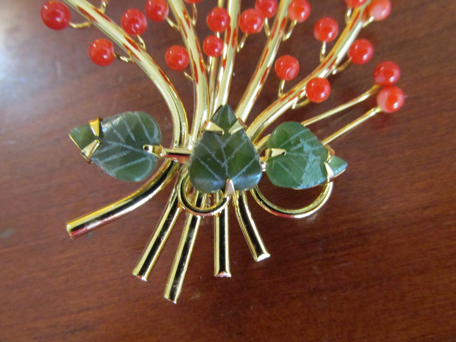 Vintage Genuine Coral Beads on Flower Branch w/ Jade Leaves Pin Brooch