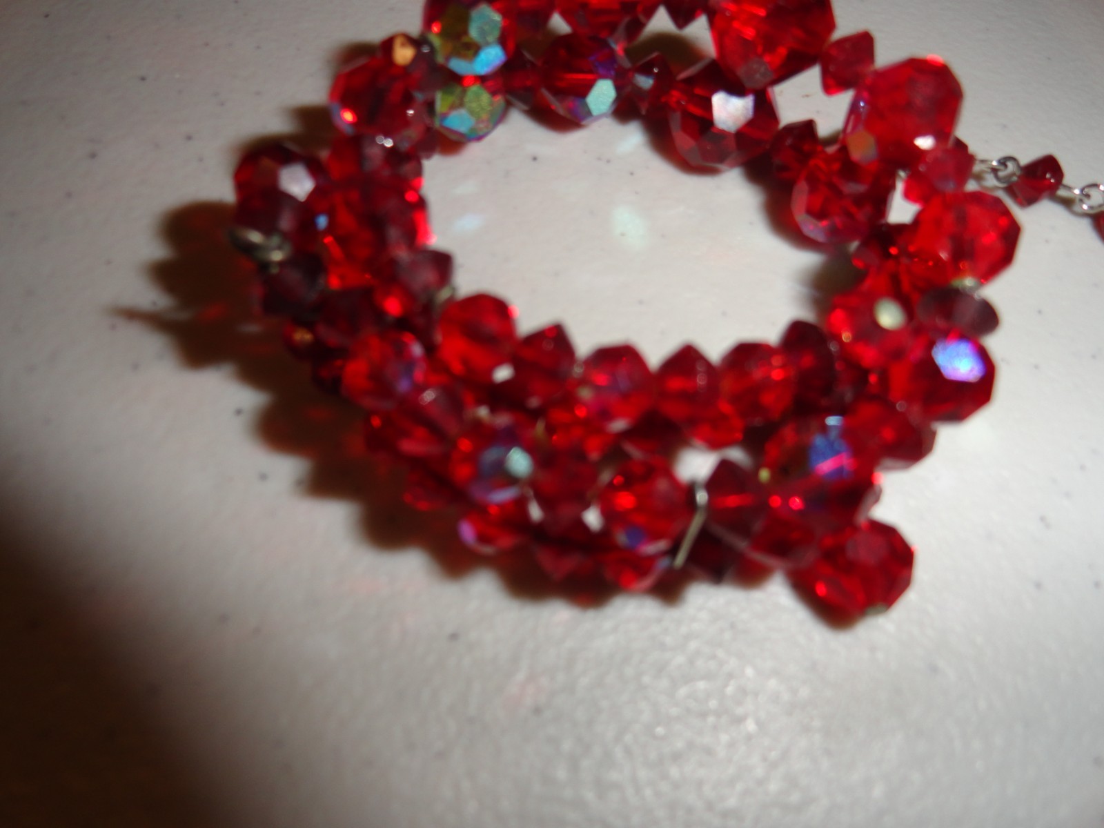 Vintage Parure 3 Strand Red Iridescent Necklace, Clip On Earrings & Bracelet