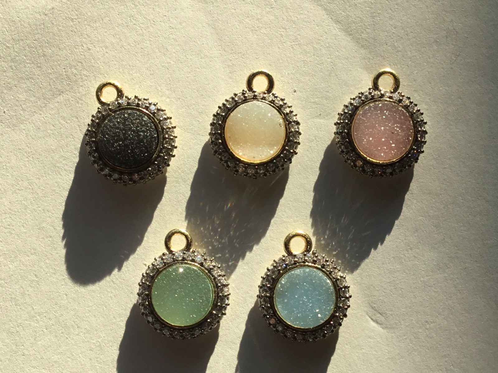 Natural/dyed round Druzy with clear topaz, GP/SS Pendant Charm, 5 pcs SET