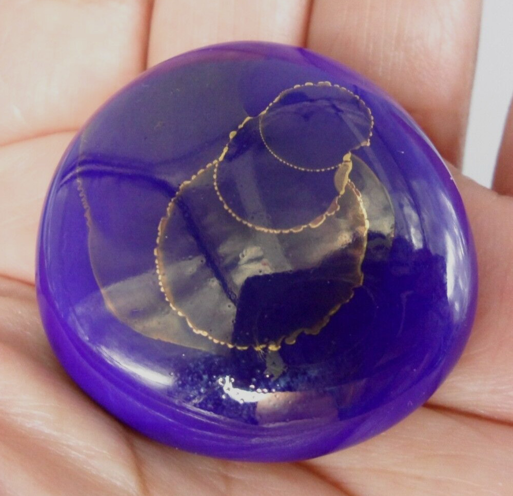 1980s Vintage Abstract Ceramic Brooch Artisan Blue Violet Gold 80s Glamour 1.5″