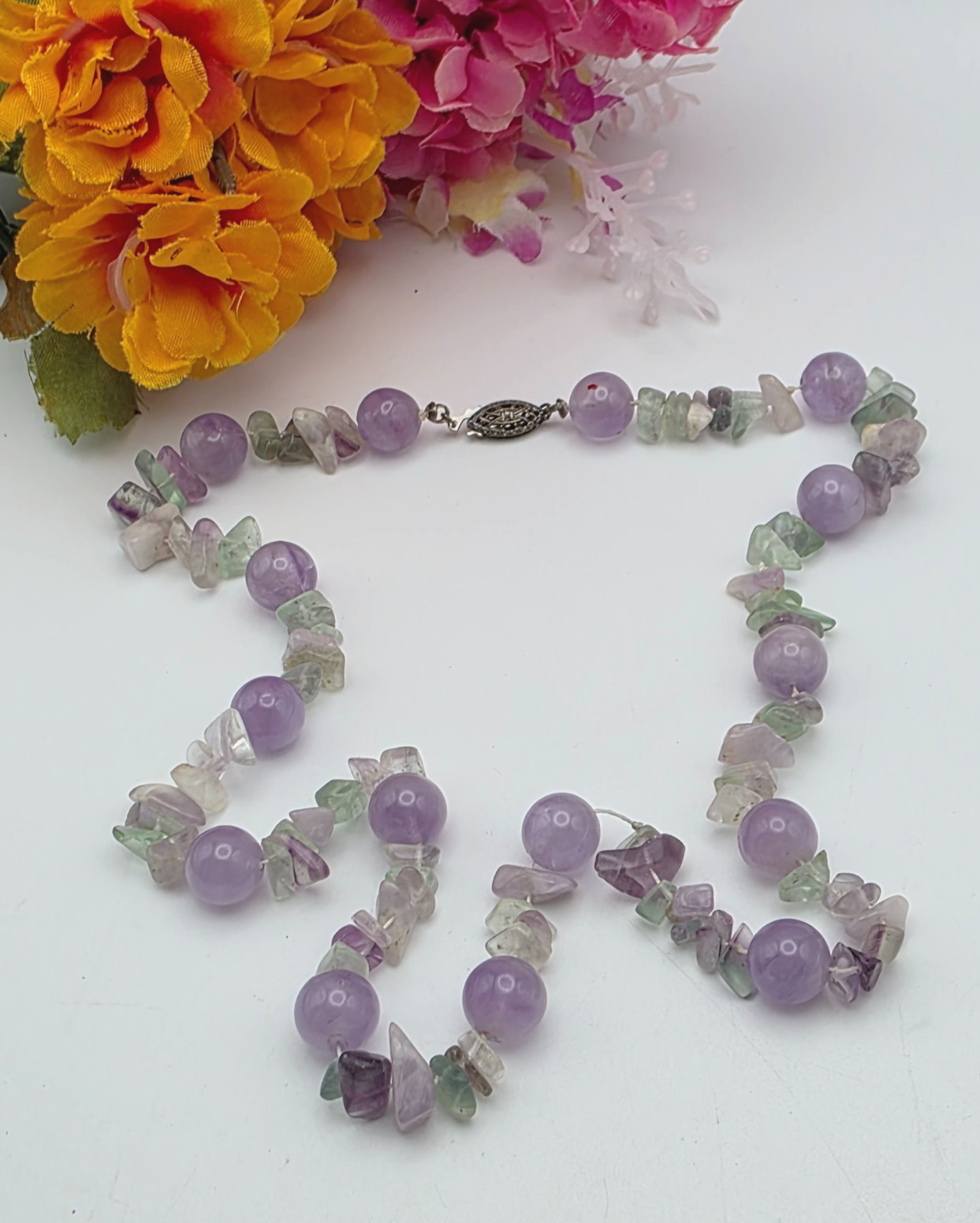 Sterling Amethyst Bead Necklace Clear Quartz Green Amethyst Chips 20″ Vintage
