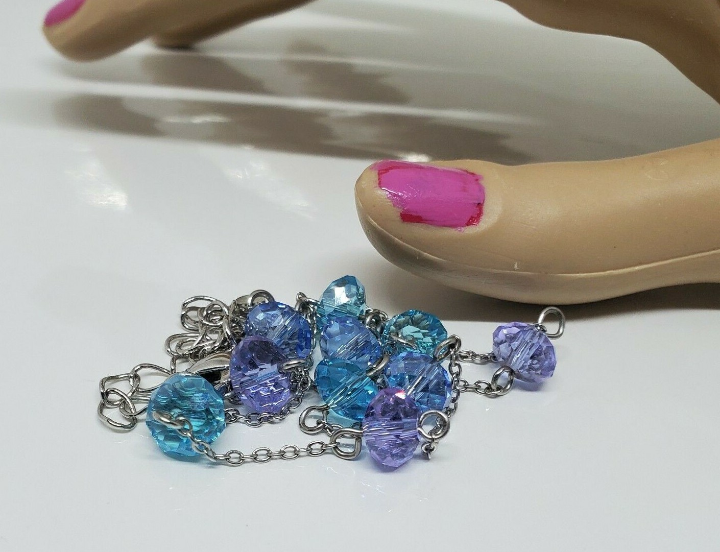 Vintage Beaded Purple Blue Necklace Rhinestone Silver Tone 18″ Adj