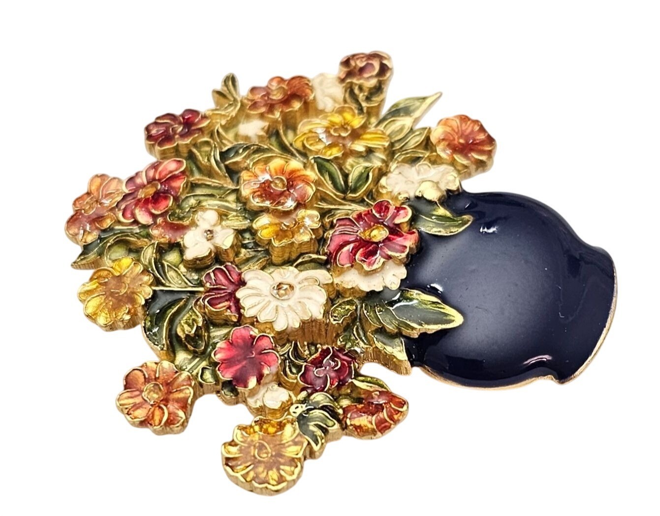 MFA Vase of Flowers Brooch, Multi-Colored Enamel Bouquet Pin Signed J790