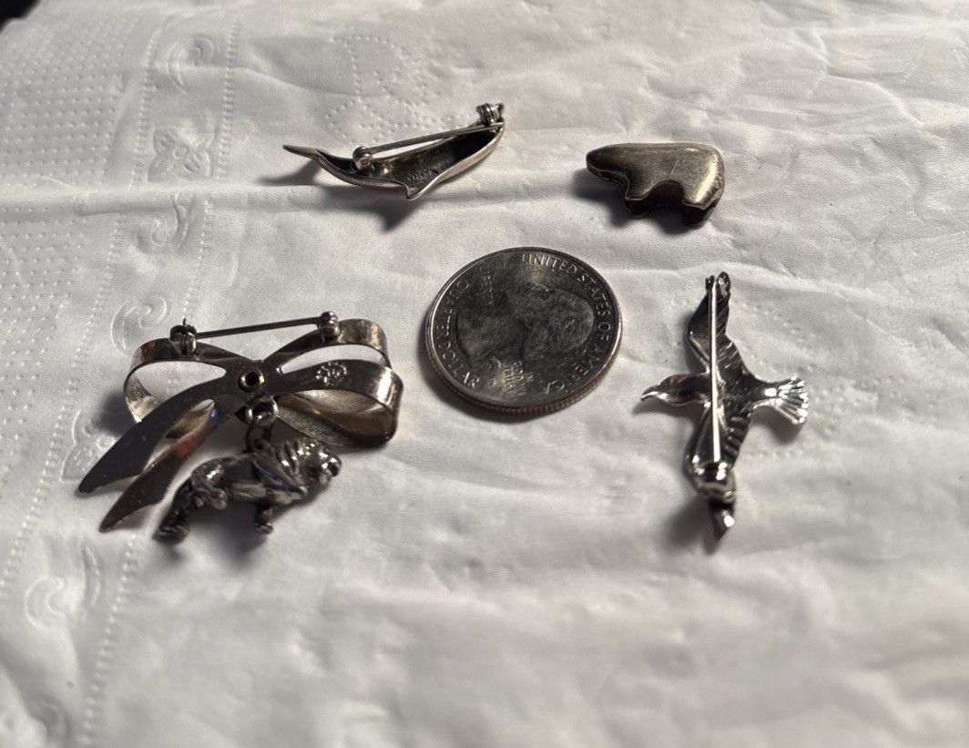 Lot Of 4: Sterling Animals, (1) Bear Slide, (3) Seagull, Dolphin, Lion Brooches