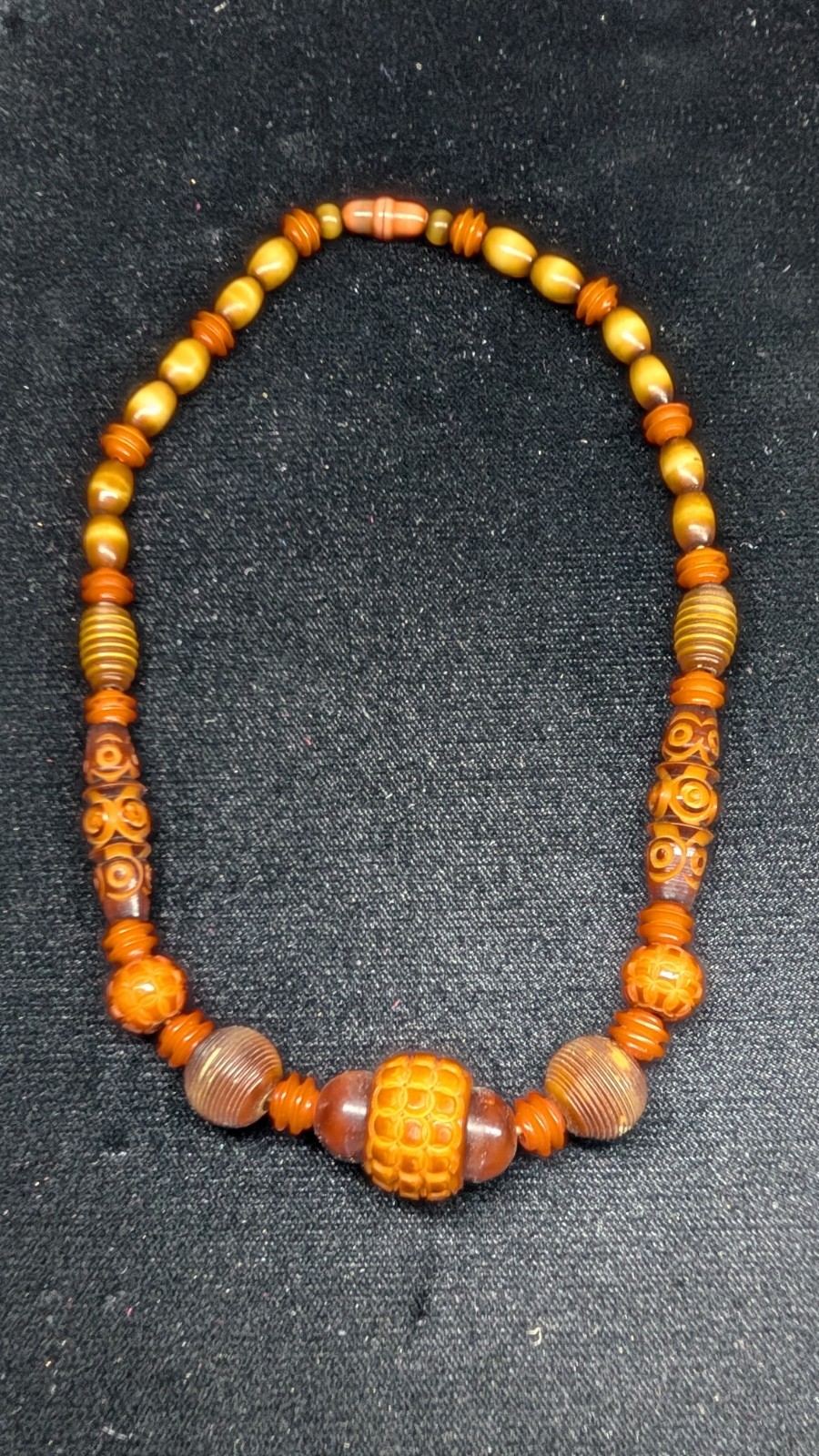 Antique Art Deco intricately carved celluloid bead necklace in Fall colors