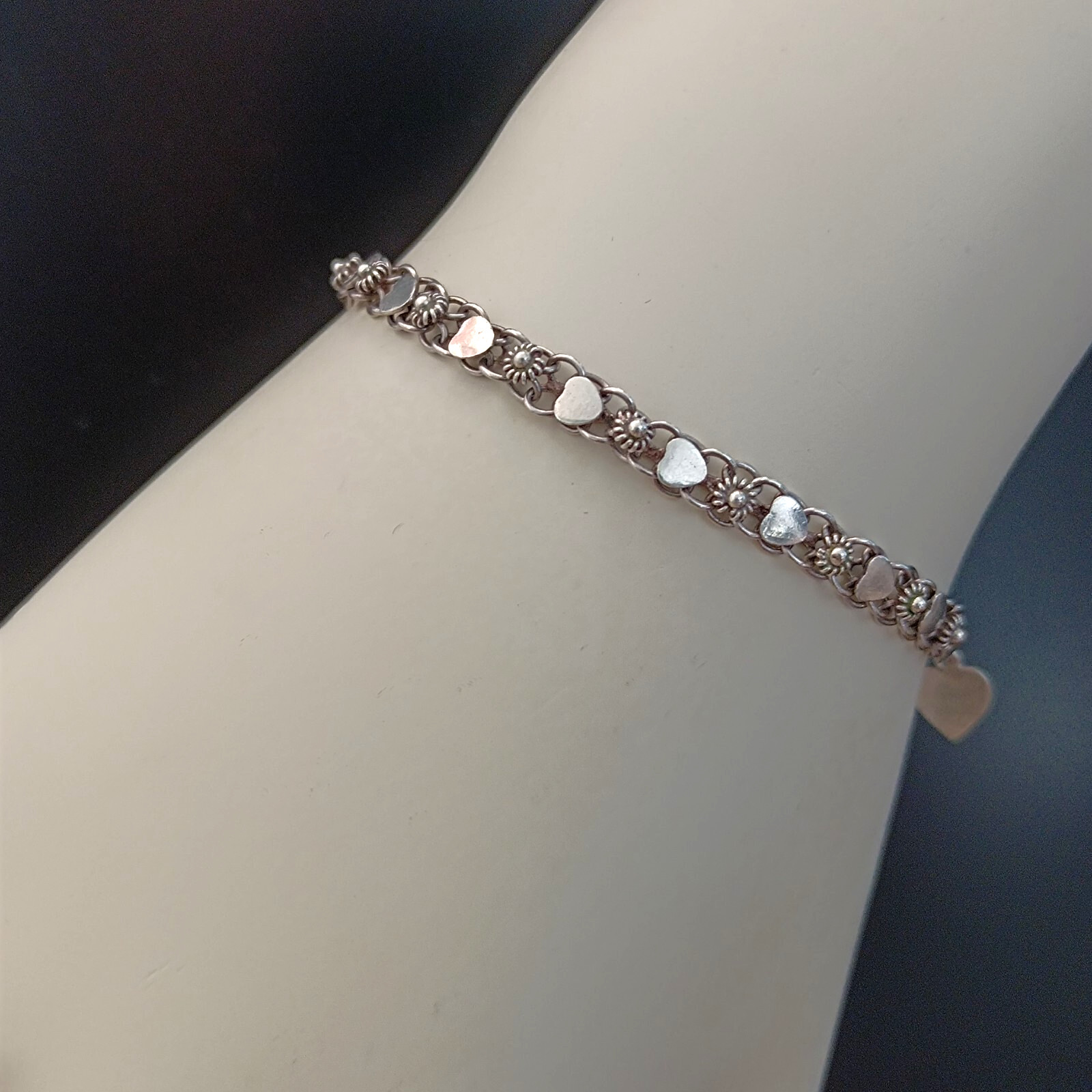 Vintage Silver Bracelet Ethnic Hearts Flowers Dainty Granulated Link Sterling