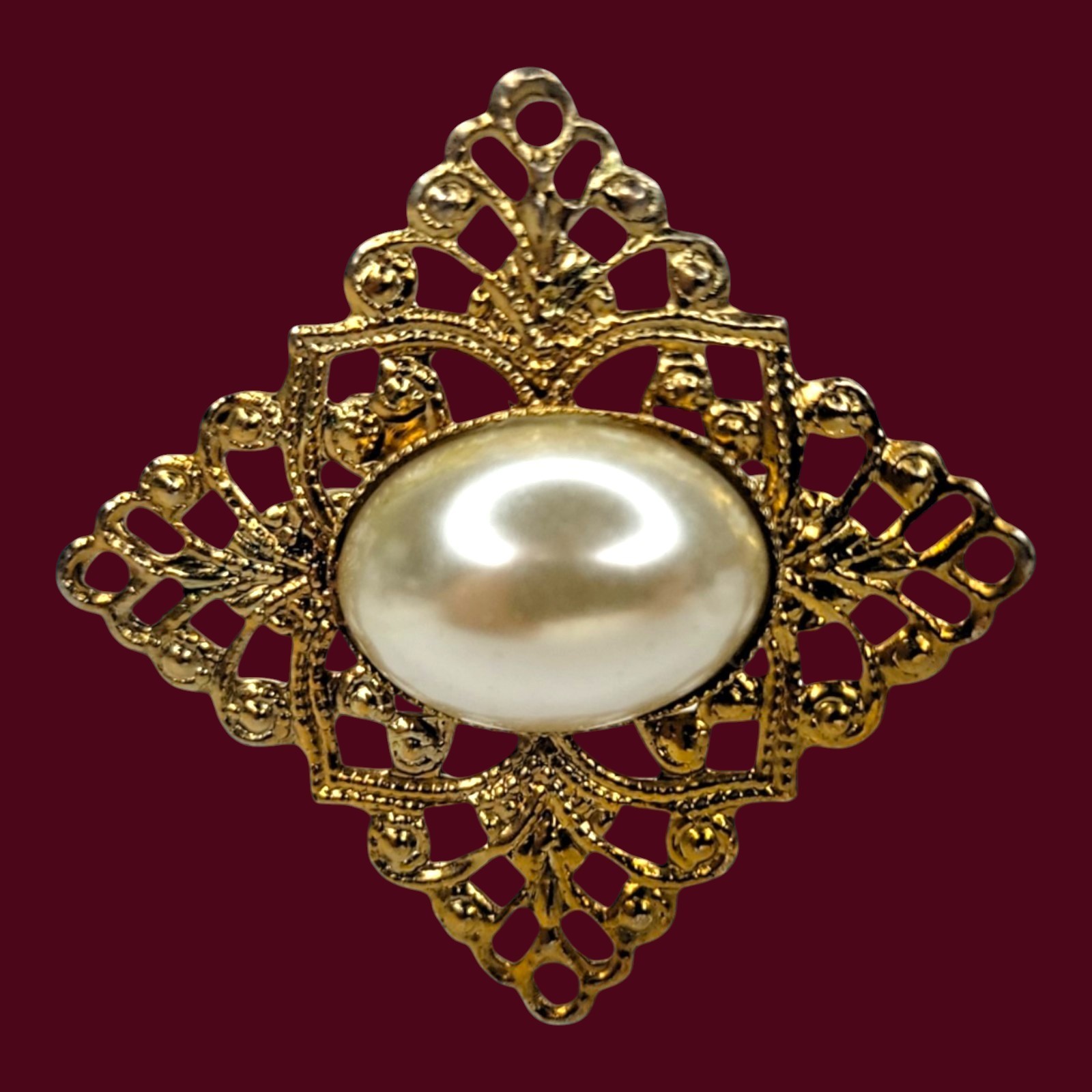 Filigree Brooch Pin Vintage Large Oval Simulated Pearl Gold Tone Diamond Shape