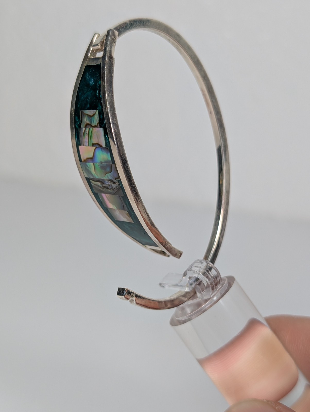 Vtg Alpaca Mexico Hinged Bangle Bracelet MOP Abalone Shell Inlay 1980s NOS