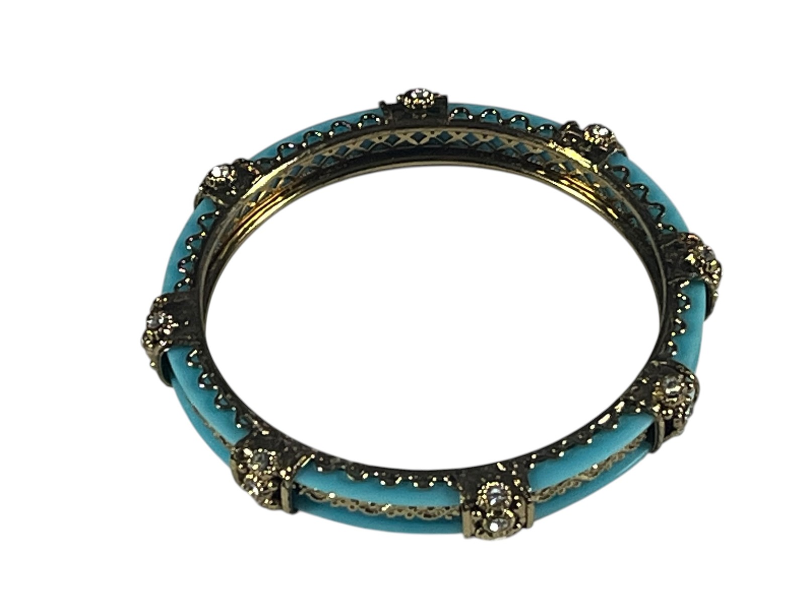 Vintage Gold Tone Turquoise Blue Enamel Rhinestone Hinged Bangle 3″ Bracelet