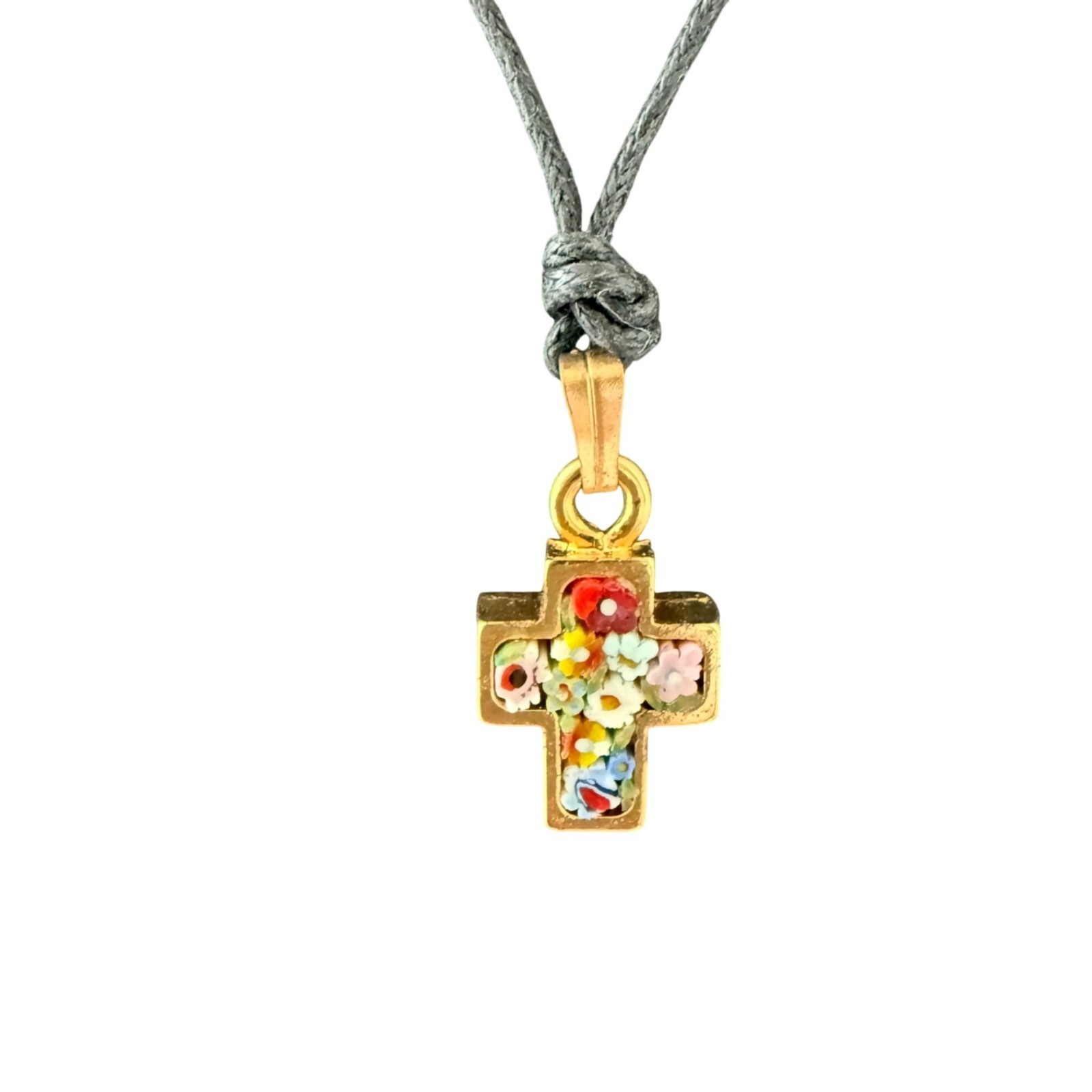 Vintage Necklace Handcrafted Italian Mosaic Cross Pendant Black Cord 22 inches