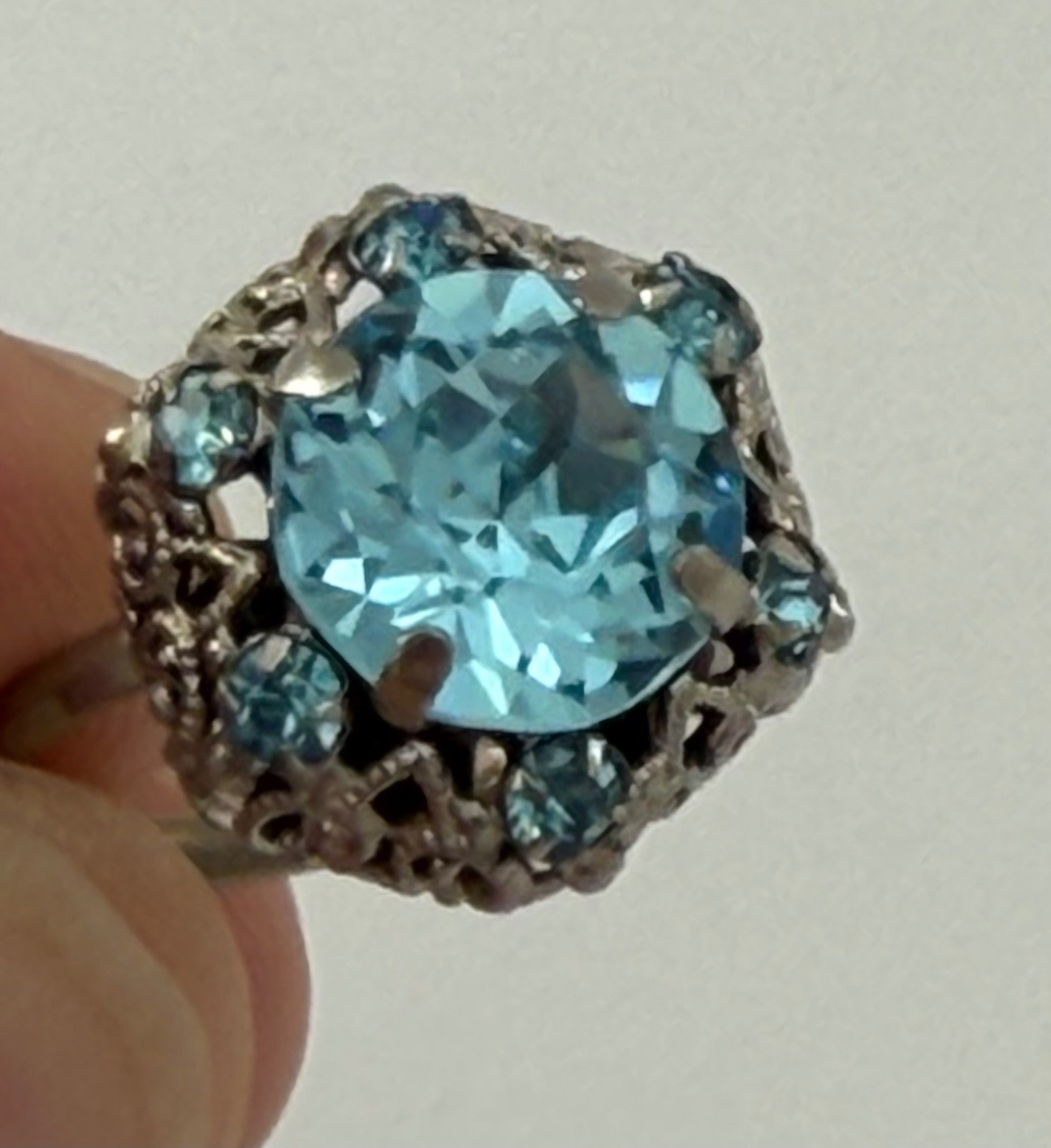 Vintage Silver and Aquamarine Colored Cocktail Ring, Size ~7.5, **See Notes**