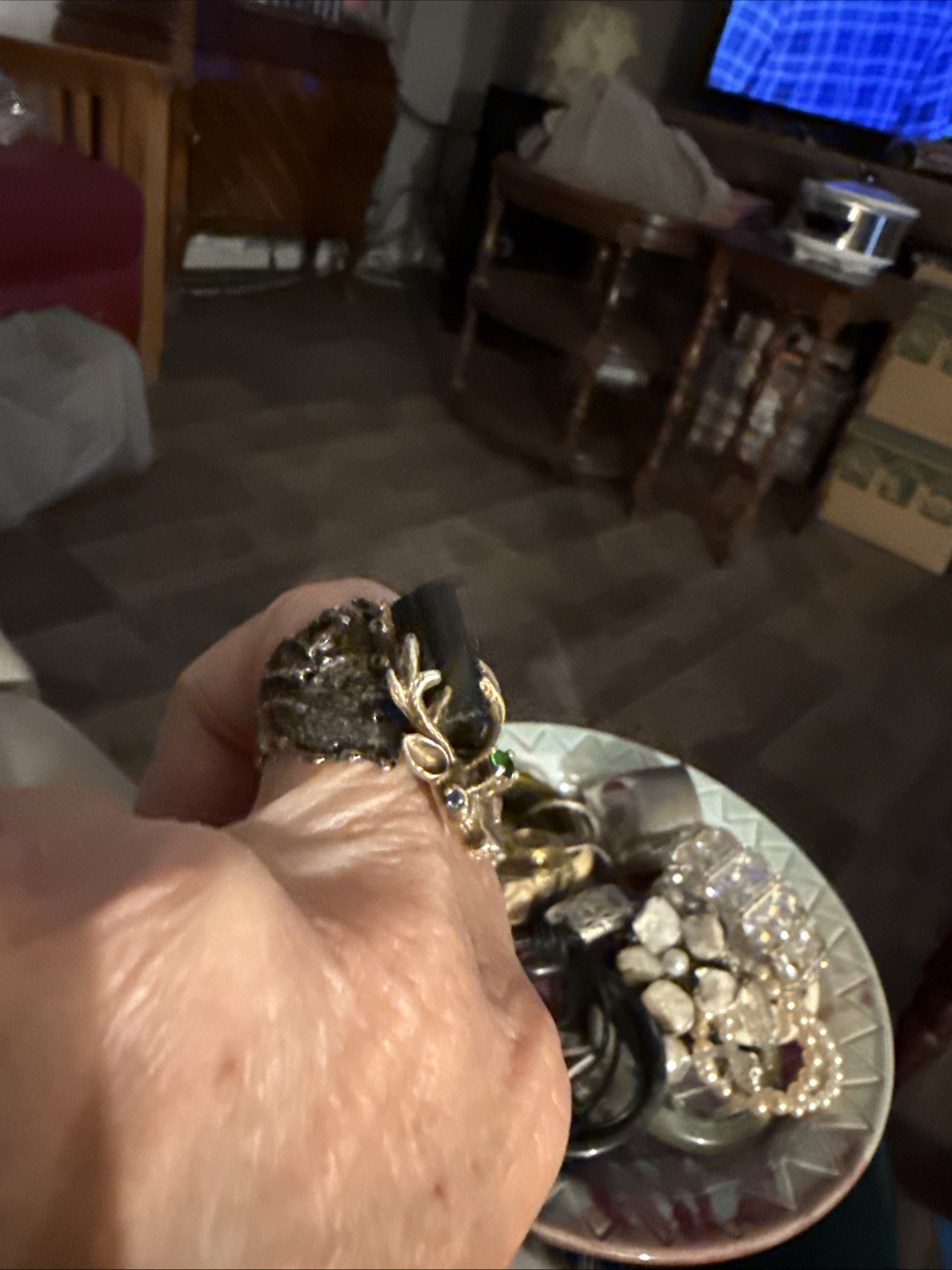 Vintage Reindeer Ring Sterling With A Black Beryl Stone And A Green Stone Size 8
