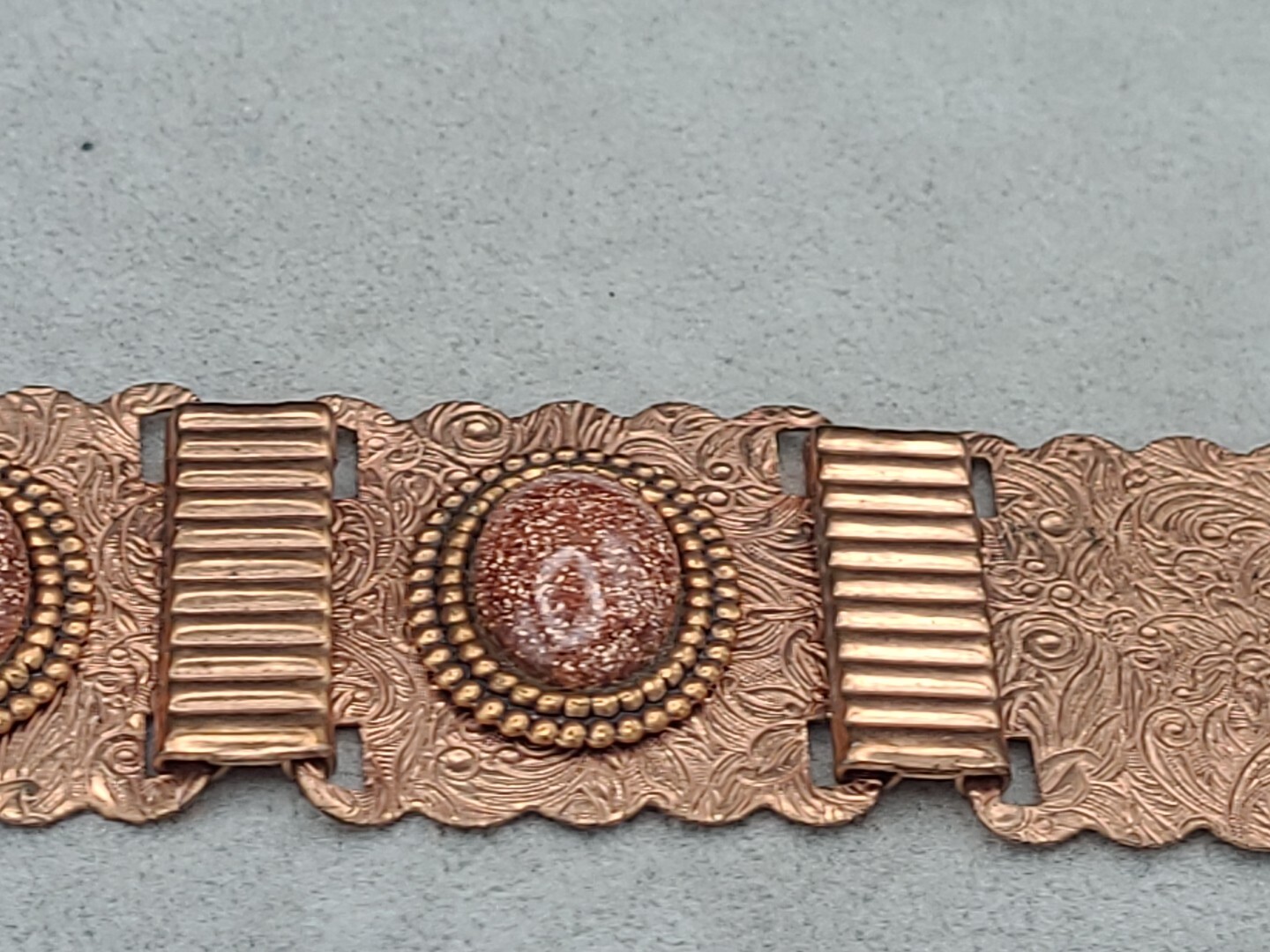 Stunning Vintage Copper & GoldStone Bracelet 7 3/4″ & Earrings Ornate Metalwork